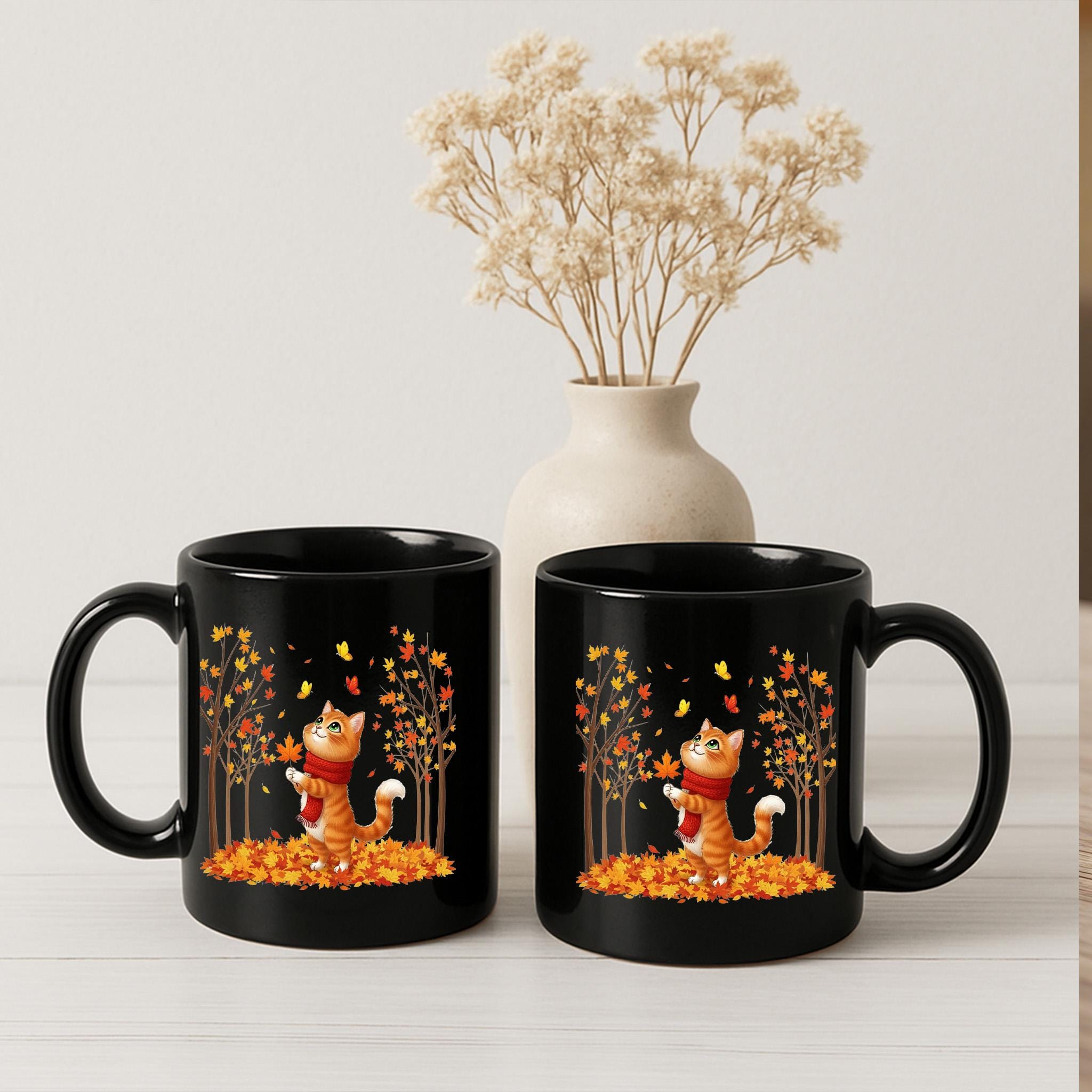 Fall Cat Mug: Autumn Leaves Coffee Cup - Spooky Season
