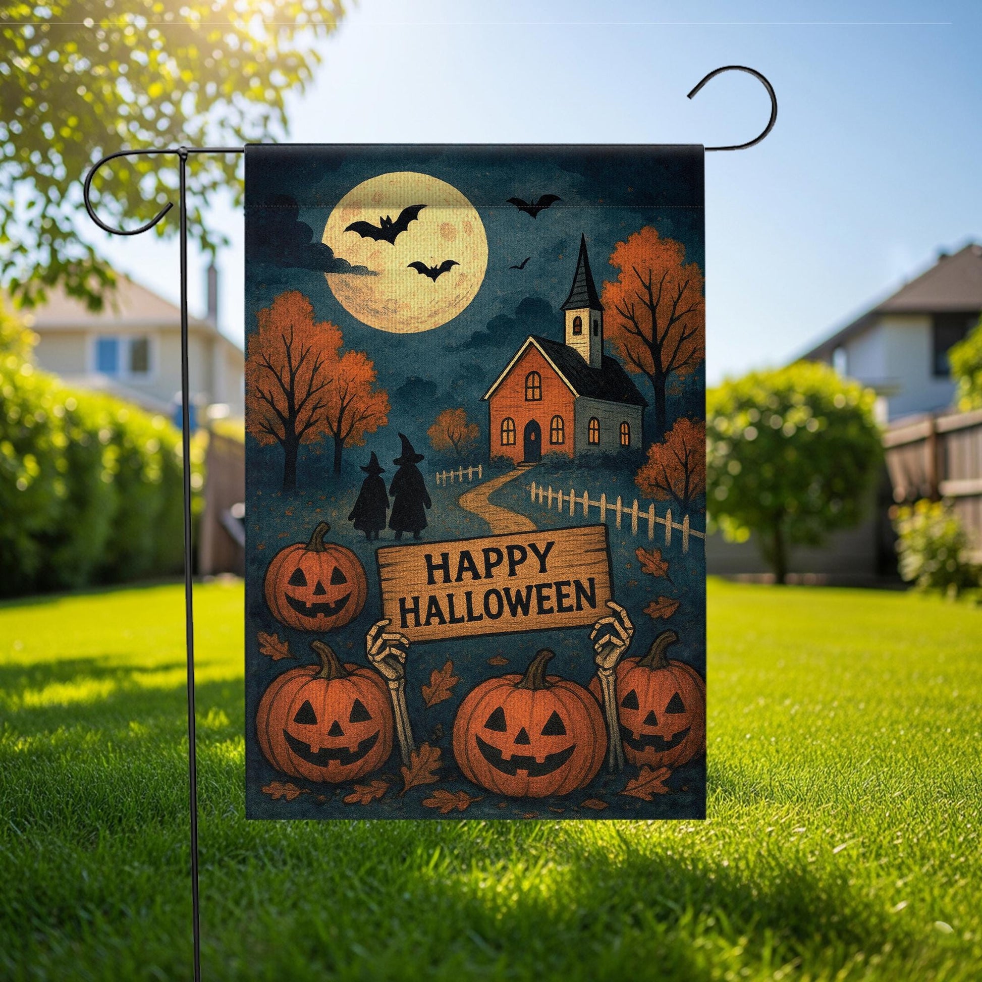 Happy Halloween Garden Flag, Halloween Outdoor Decor, Fall Yard Flag, Spooky Pumpkin Flag, Witch Decor, Moonlight Flag, Autumn Flag