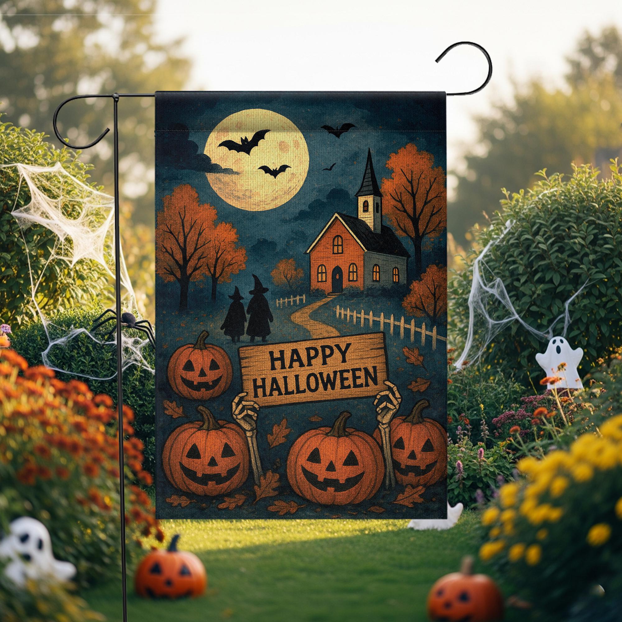 Happy Halloween Garden Flag, Halloween Outdoor Decor, Fall Yard Flag, Spooky Pumpkin Flag, Witch Decor, Moonlight Flag, Autumn Flag