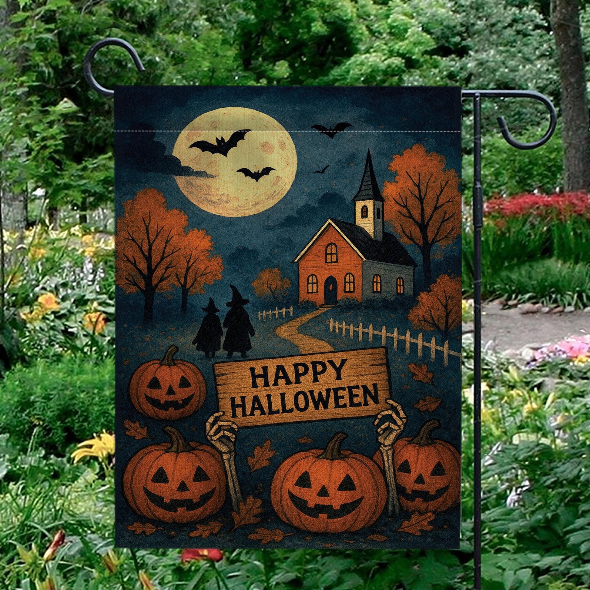 Happy Halloween Garden Flag, Halloween Outdoor Decor, Fall Yard Flag, Spooky Pumpkin Flag, Witch Decor, Moonlight Flag, Autumn Flag