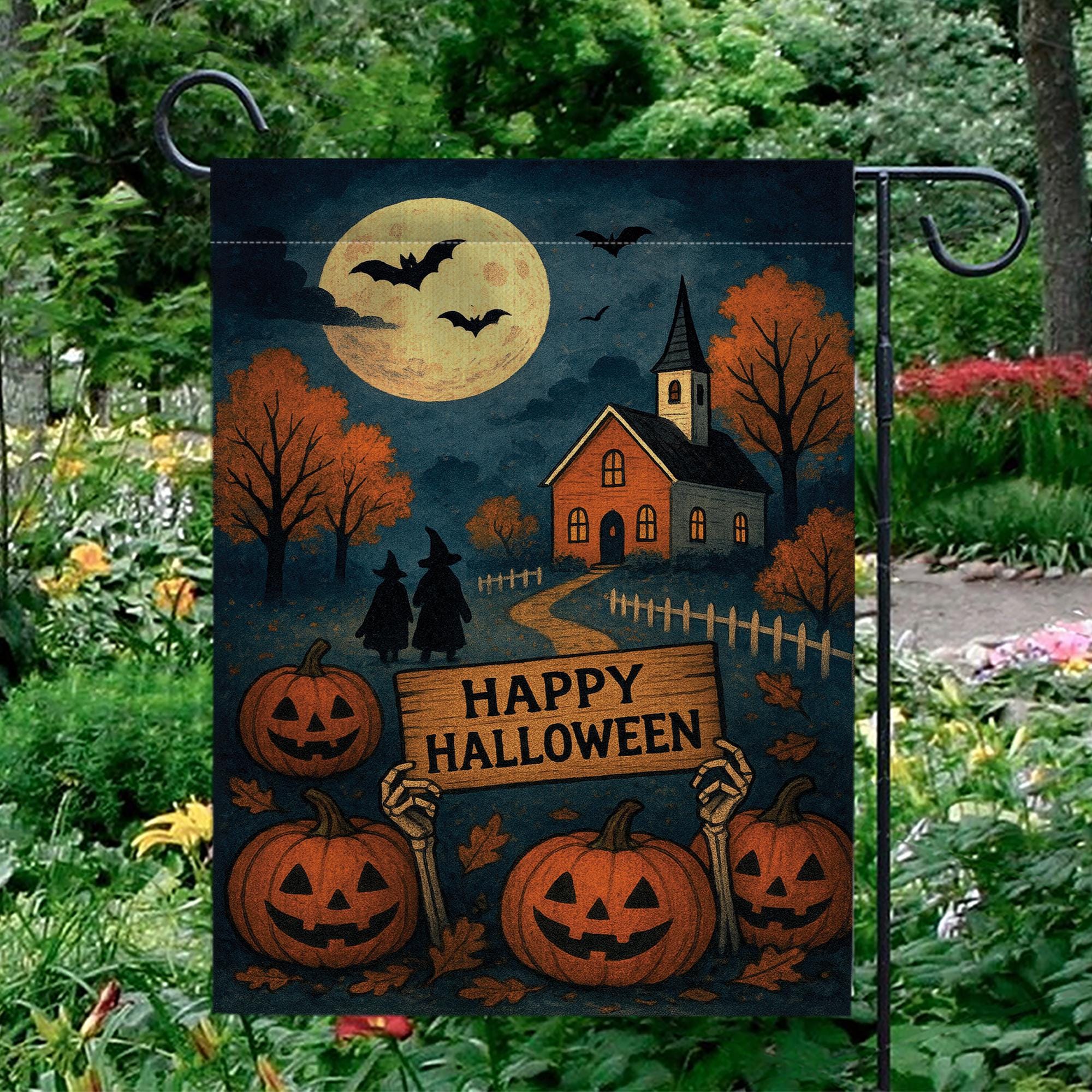 Happy Halloween Garden Flag, Halloween Outdoor Decor, Fall Yard Flag, Spooky Pumpkin Flag, Witch Decor, Moonlight Flag, Autumn Flag