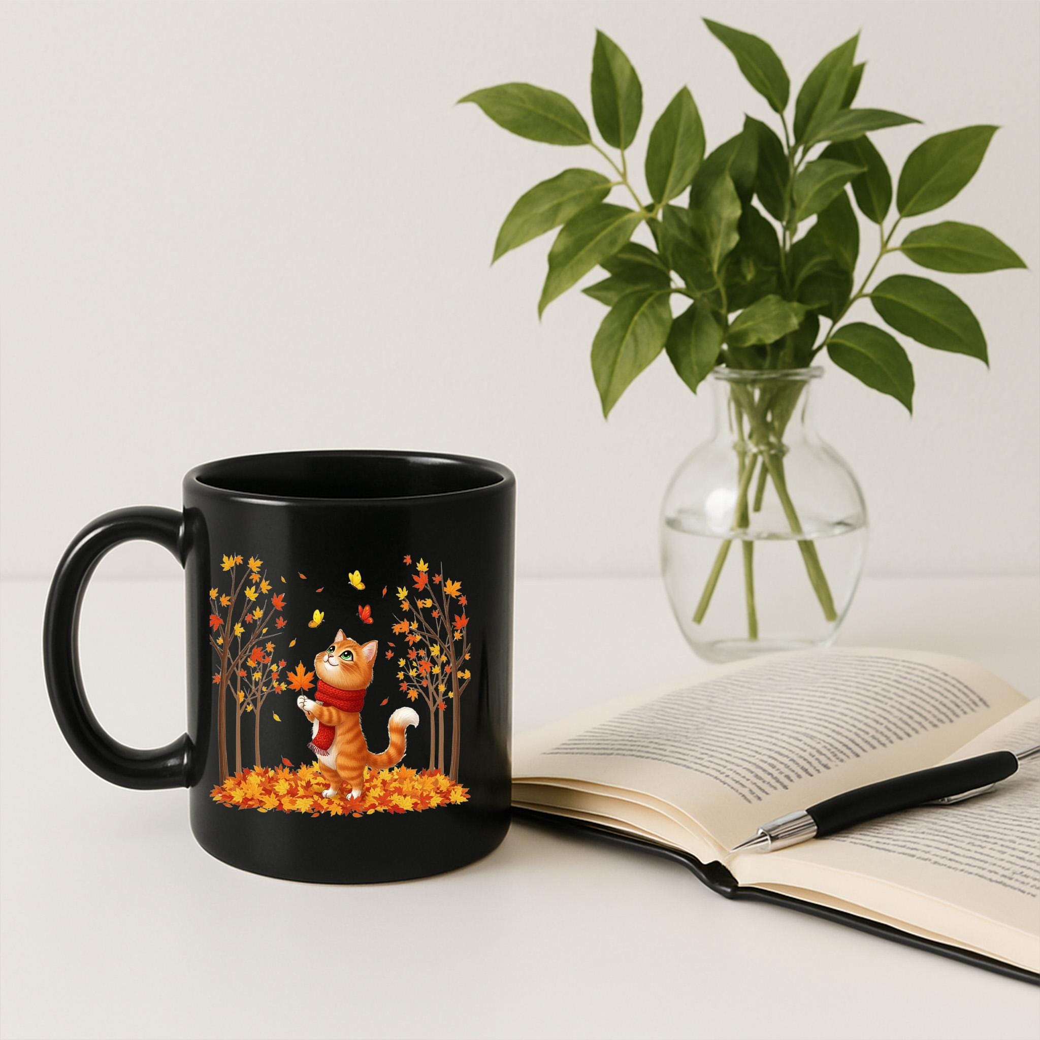 Fall Cat Mug: Autumn Leaves Coffee Cup - Spooky Season