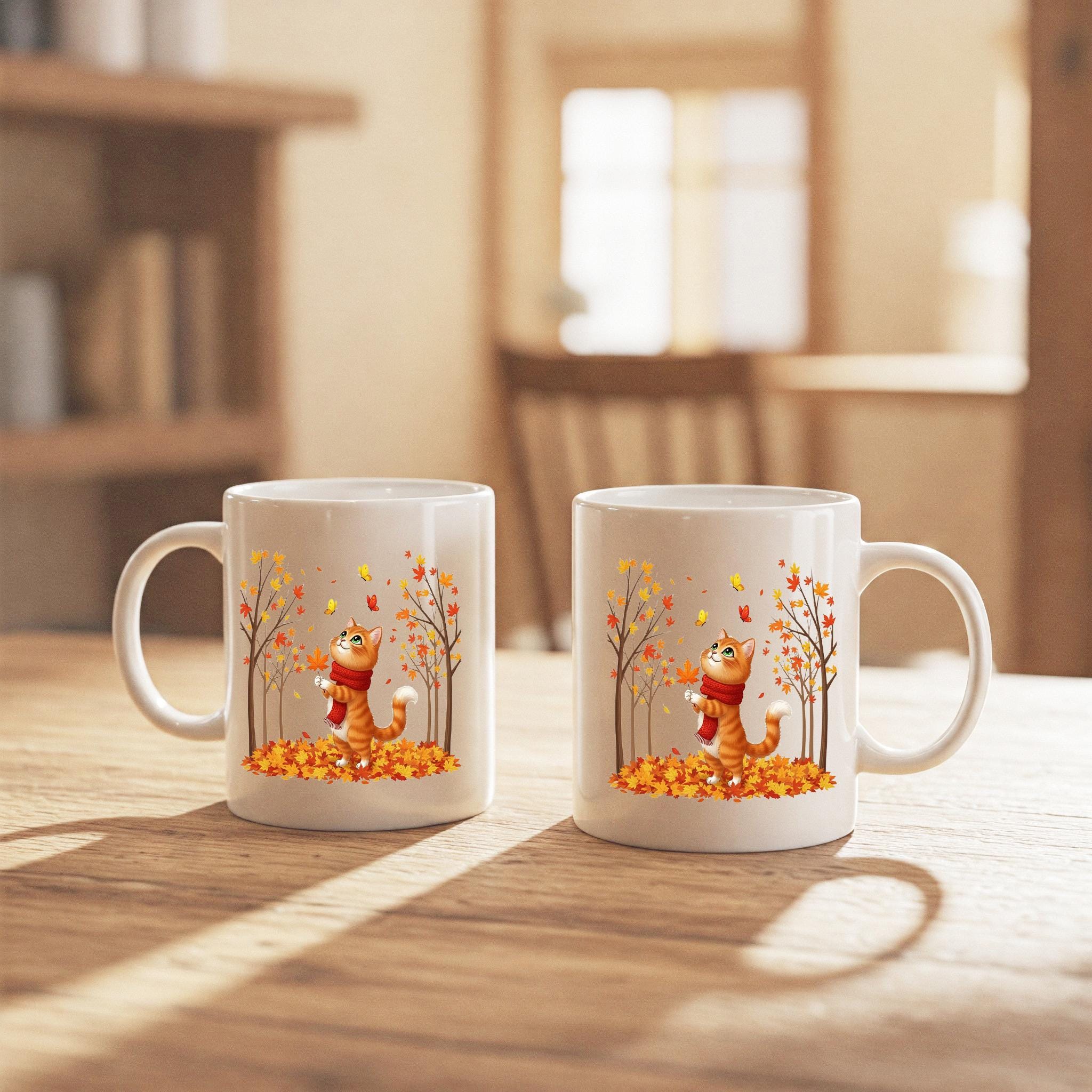 Fall Cat Mug: Autumn Leaves Coffee Cup - Spooky Season