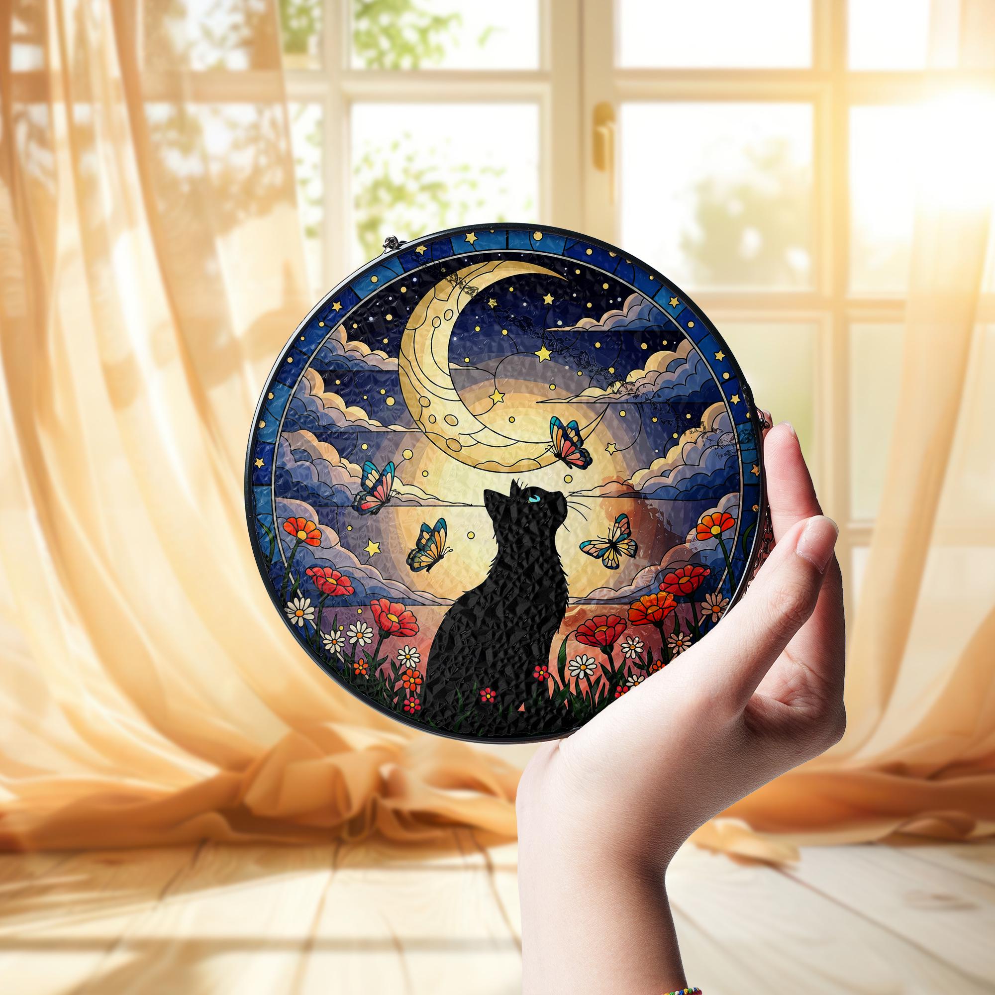 Black Cat Glass Suncatcher, Moon Butterfly Window Decor, Floral Night Sky Art, Gift for Cat Lovers, Handmade Stained Glass