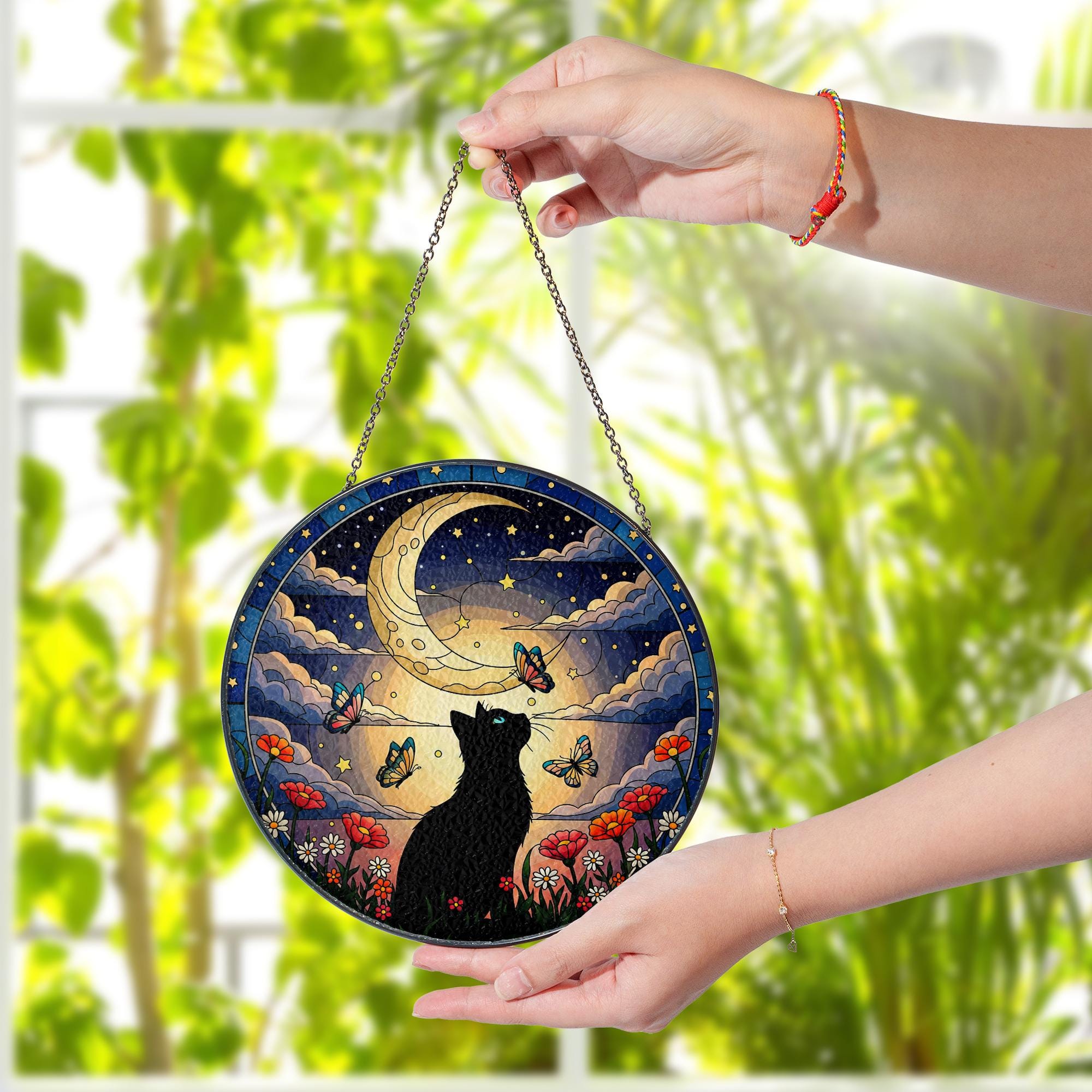 Black Cat Glass Suncatcher, Moon Butterfly Window Decor, Floral Night Sky Art, Gift for Cat Lovers, Handmade Stained Glass