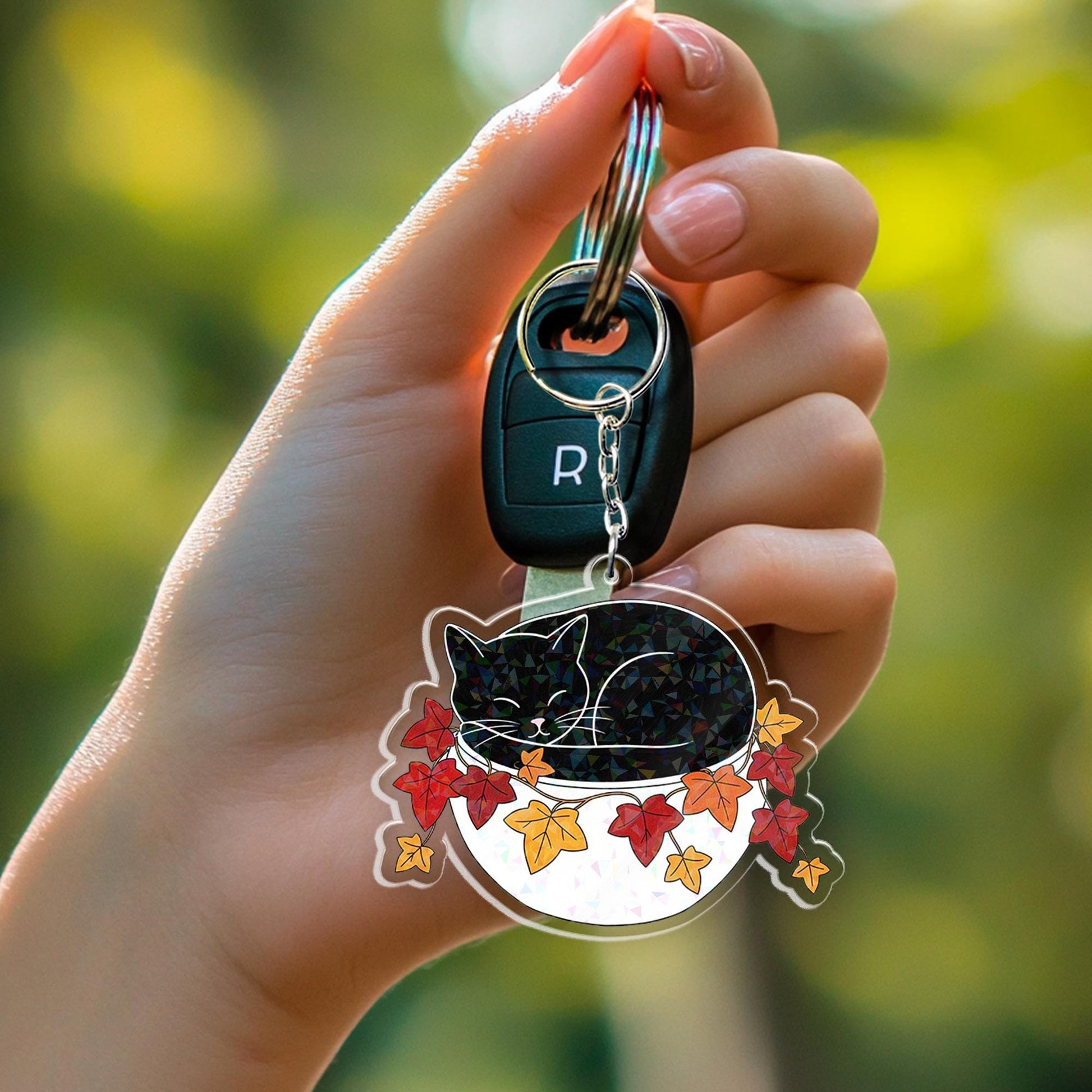 Holographic Black Cat Keychain: Autumn Leaves Acrylic Charm