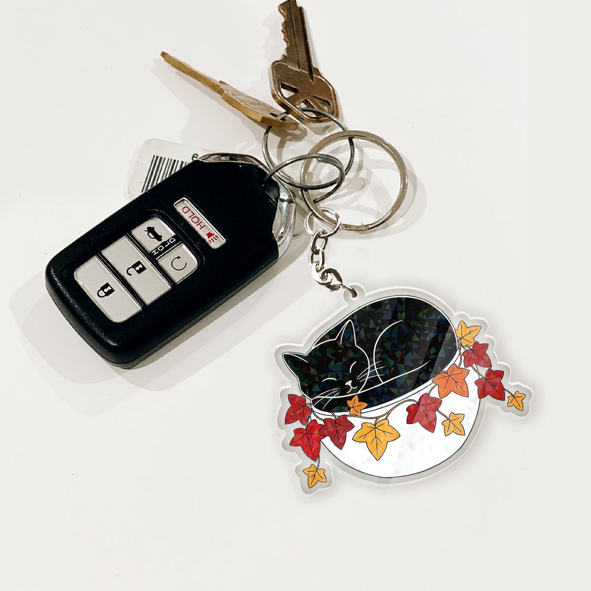 Holographic Black Cat Keychain: Autumn Leaves Acrylic Charm