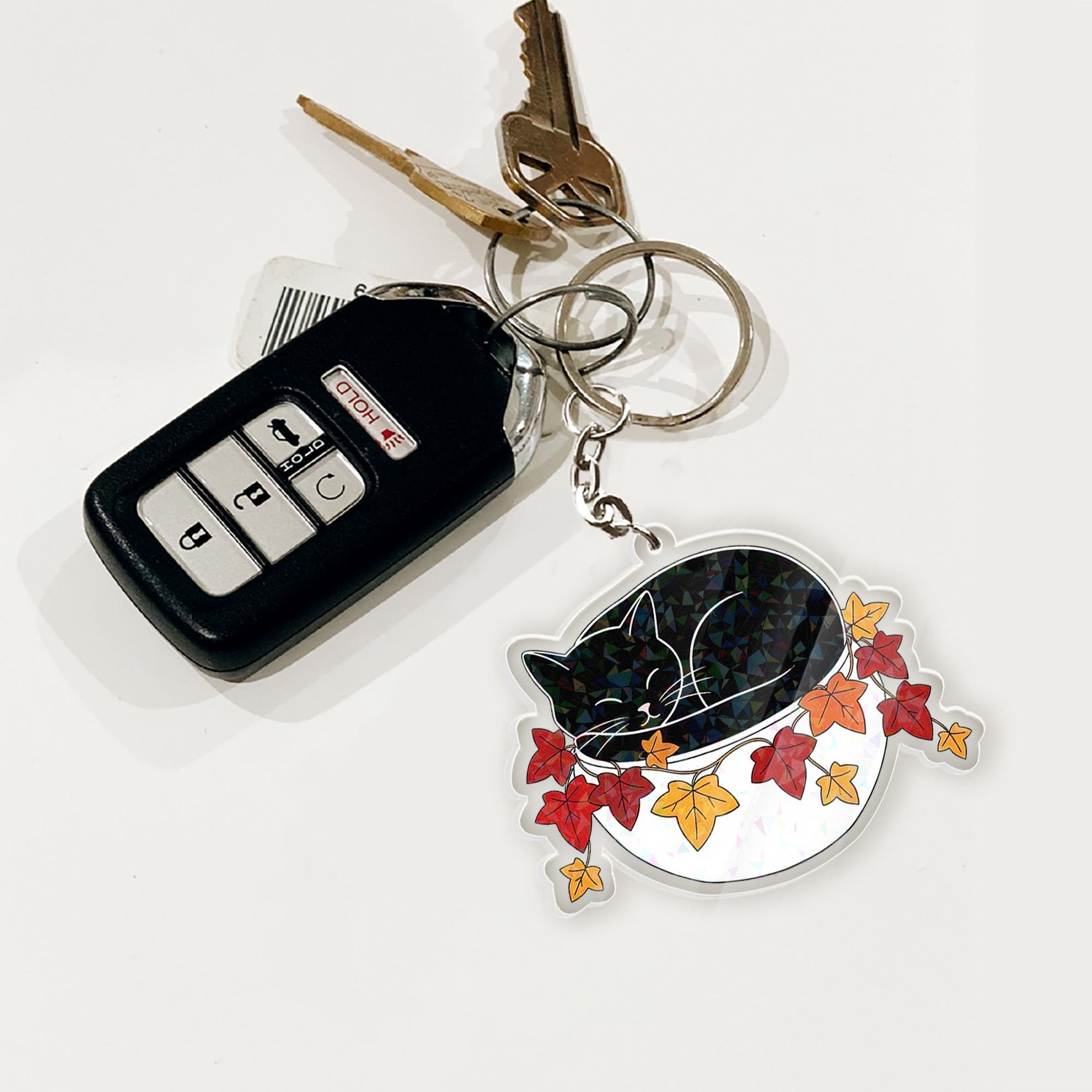 Holographic Black Cat Keychain: Autumn Leaves Acrylic Charm
