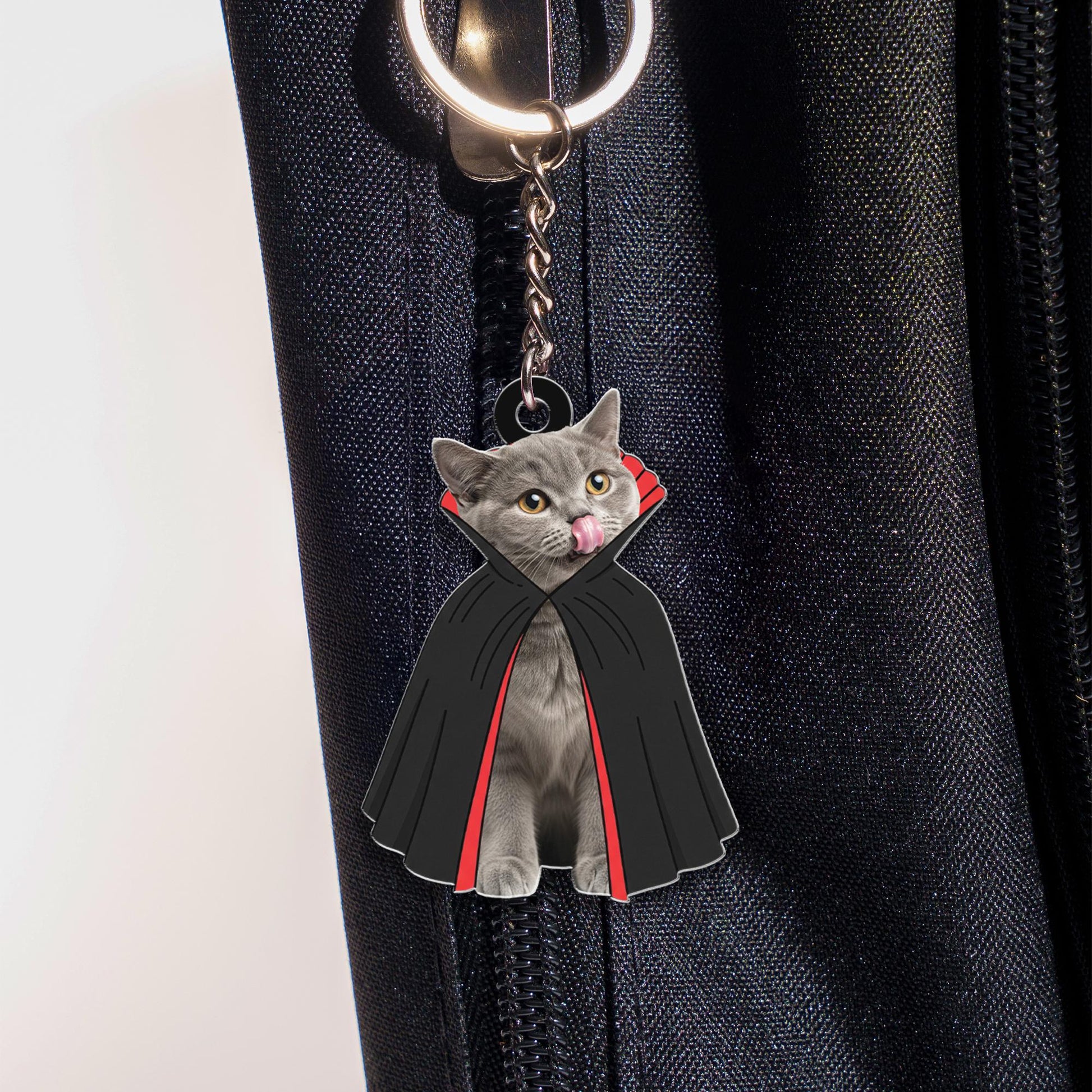 Custom Pet Photo Keychain | Personalized Cat Keychain in Vampire Costume | Funny Halloween Gift for Cat Lovers & Pet Owners