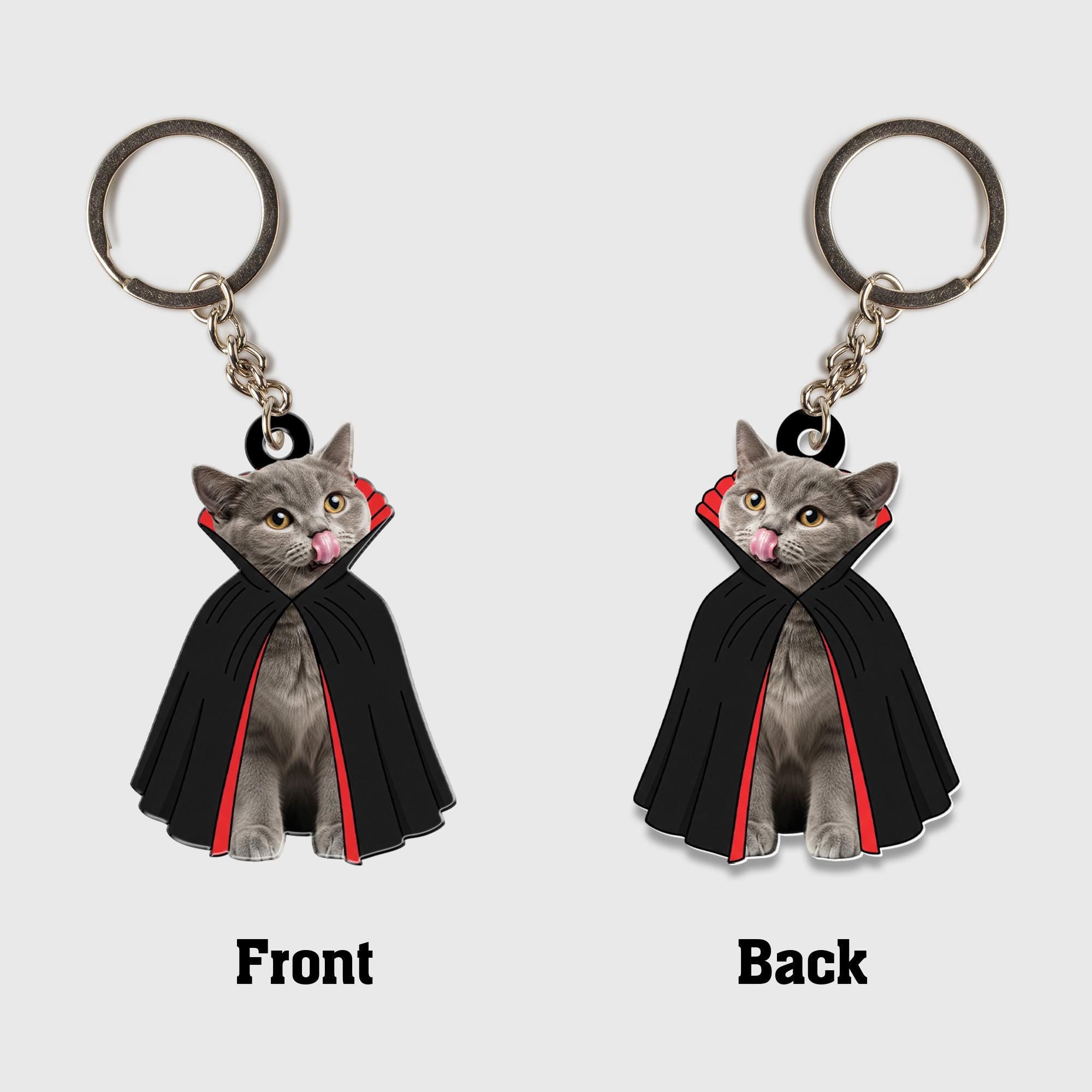 Custom Pet Photo Keychain | Personalized Cat Keychain in Vampire Costume | Funny Halloween Gift for Cat Lovers & Pet Owners