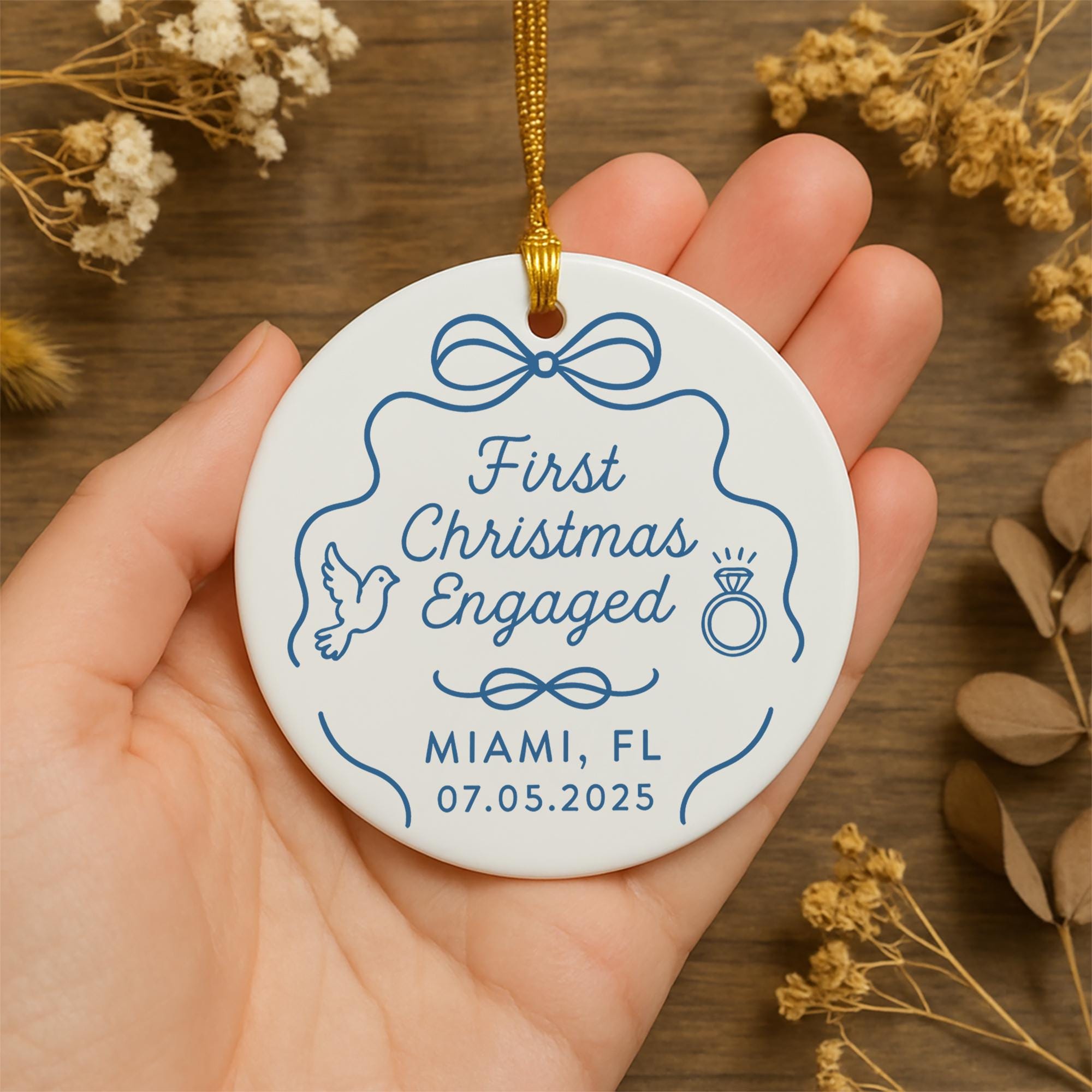 Engagement Ornament – Custom Ceramic First Christmas Engaged Keepsake Gift