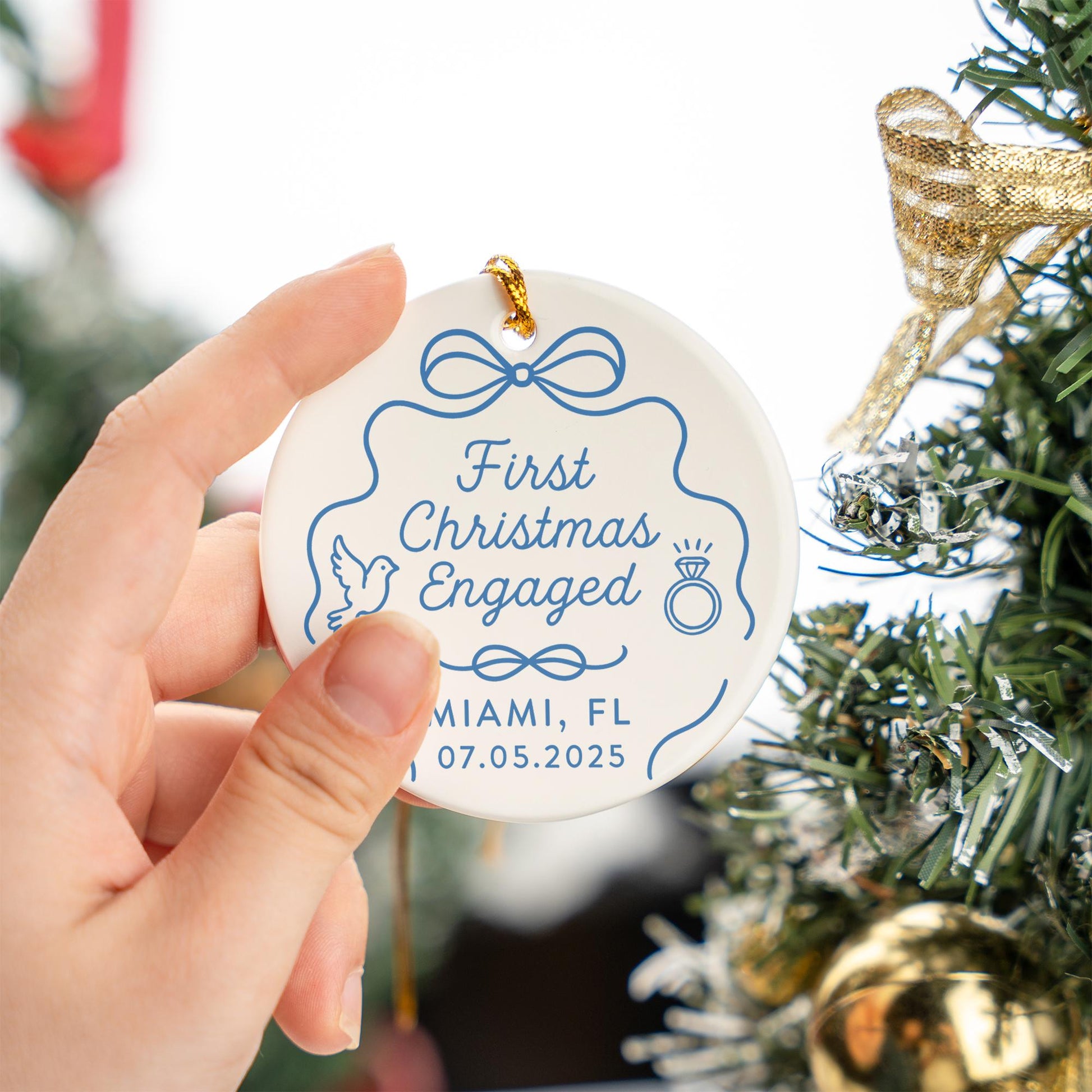 Engagement Ornament – Custom Ceramic First Christmas Engaged Keepsake Gift