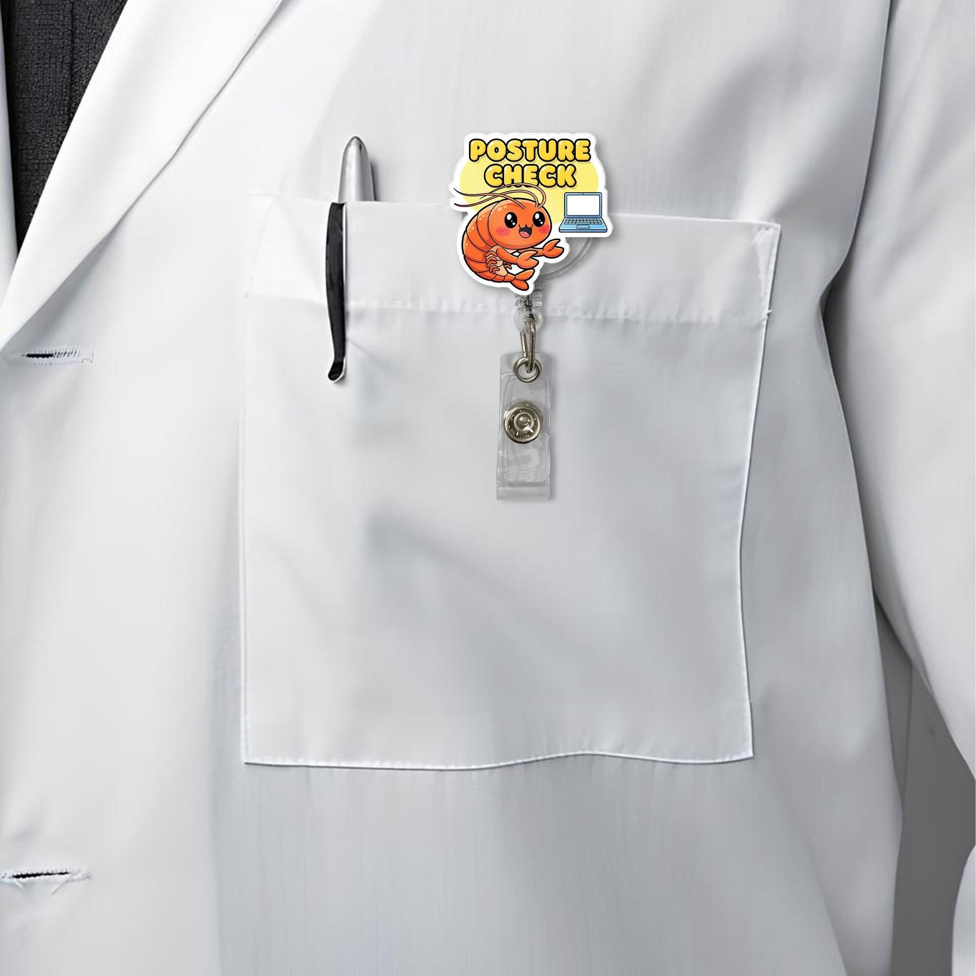Posture Check Shrimp Badge Reel, Cute Retractable ID Holder, Office Worker Gift, Nurse Badge Reel, Physical Therapist Gift