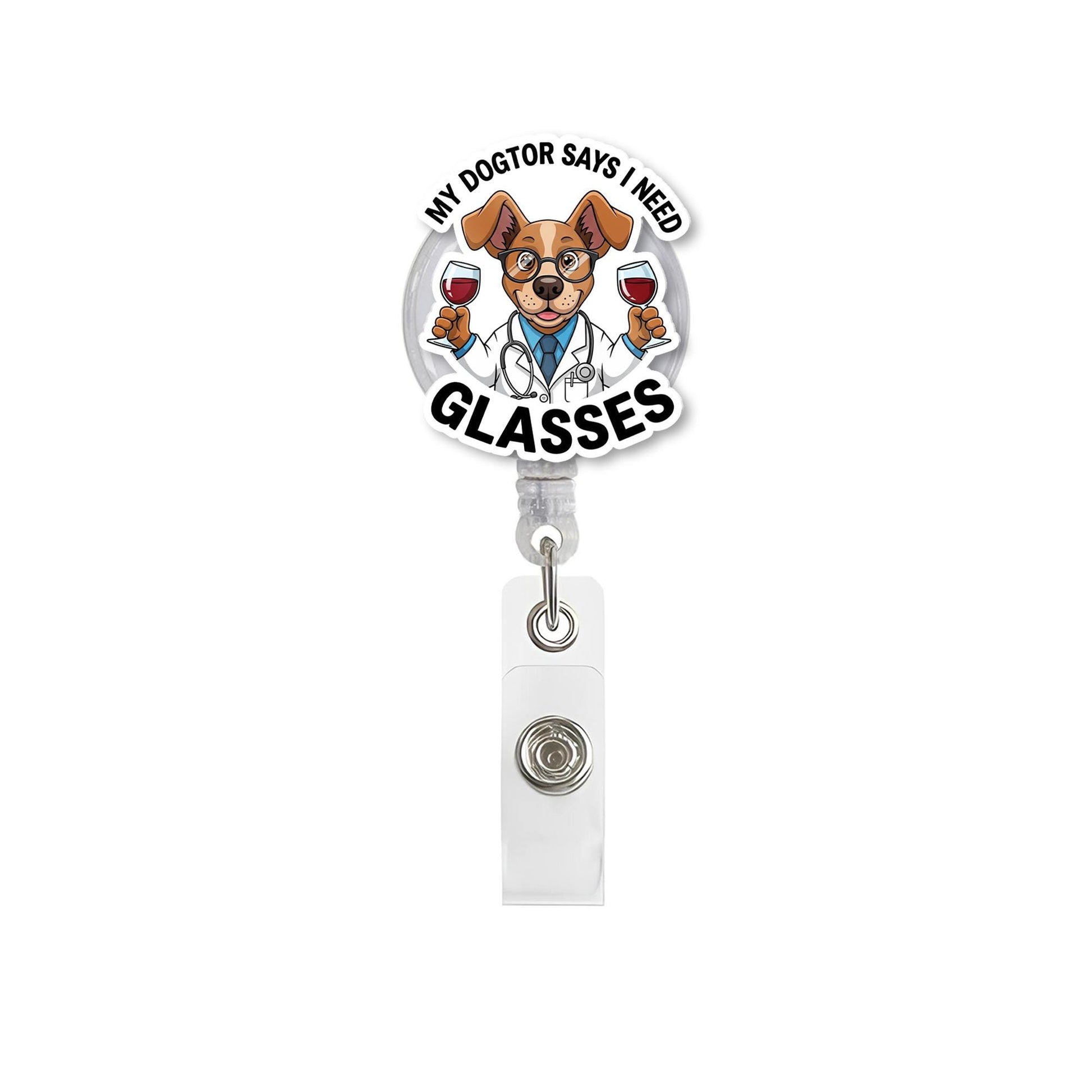 Funny Dogtor Badge Reel: Dog with Wine Glasses, Medical Humor