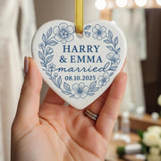 Wedding Ornament – Custom Toile de Jouy Ceramic Married Couple Keepsake