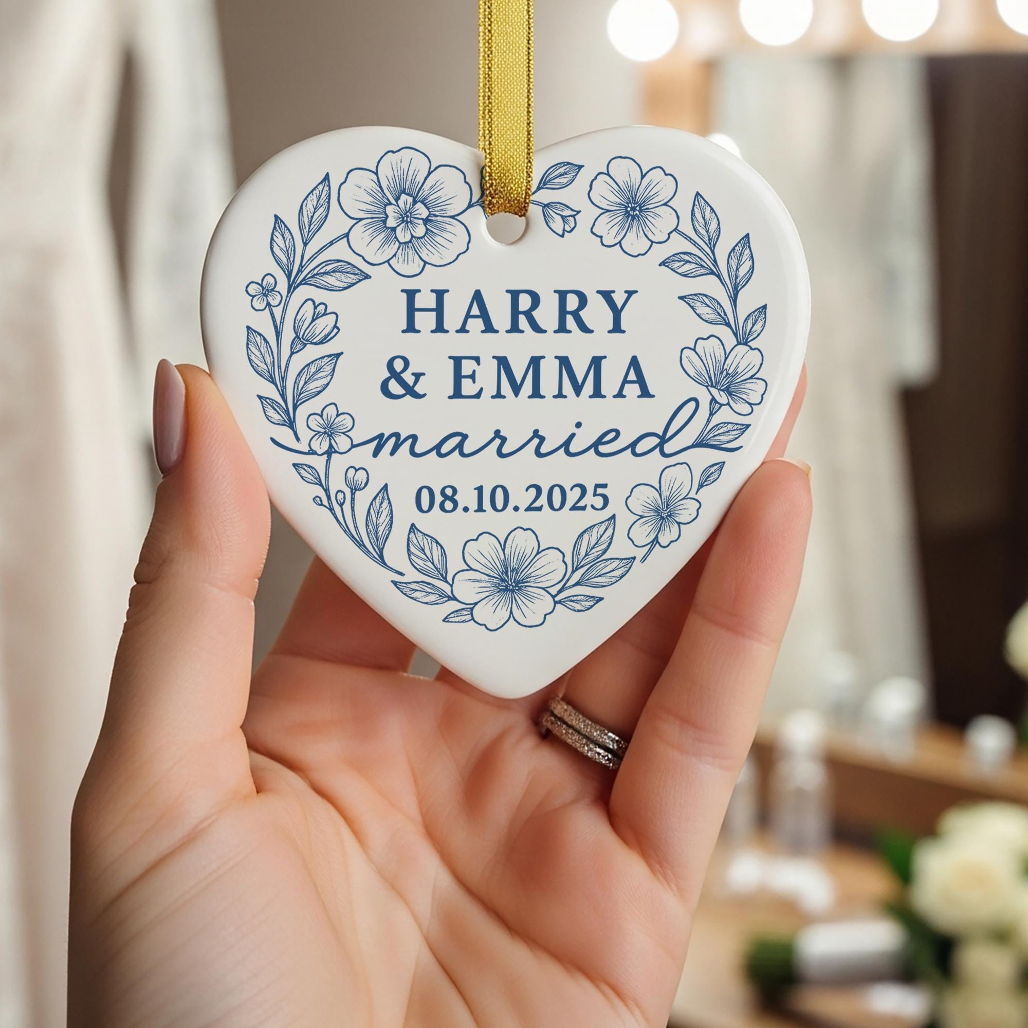 Wedding Ornament – Custom Toile de Jouy Ceramic Married Couple Keepsake