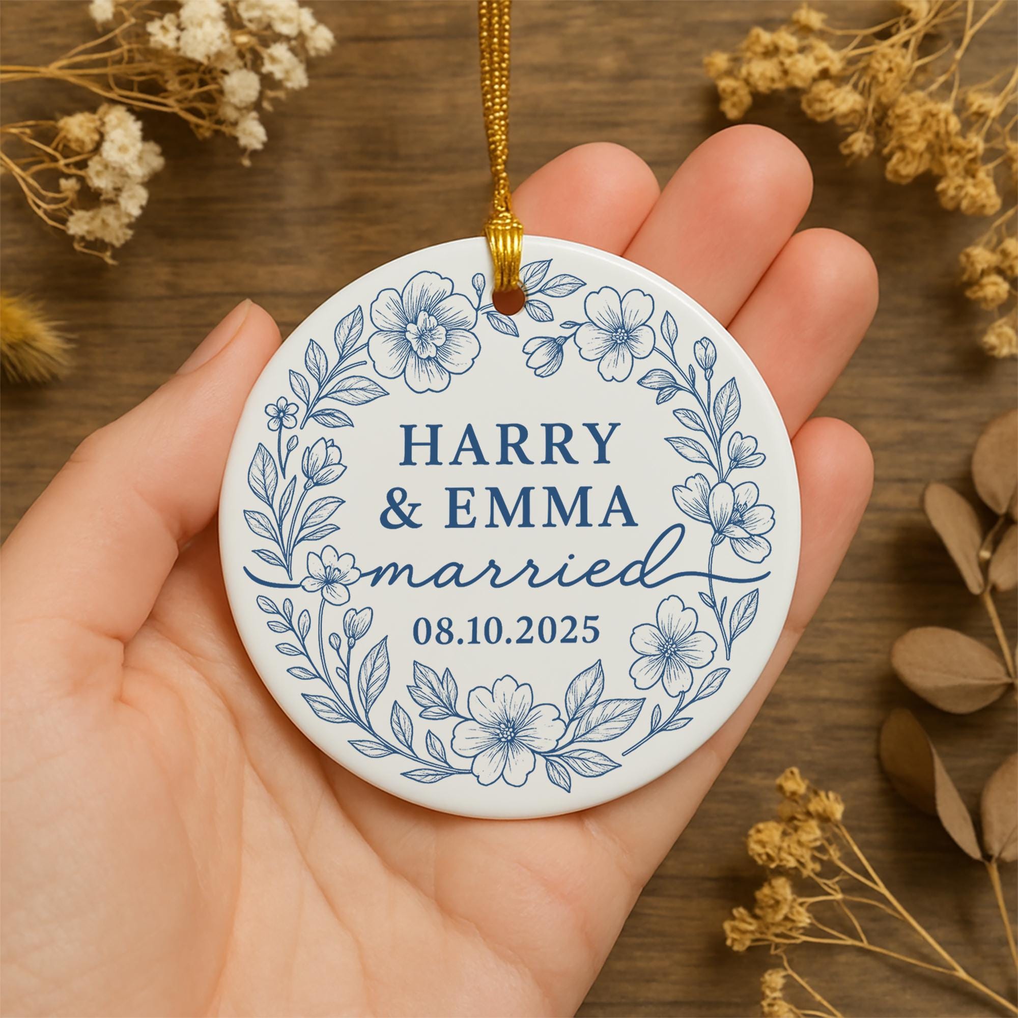 Wedding Ornament – Custom Toile de Jouy Ceramic Married Couple Keepsake