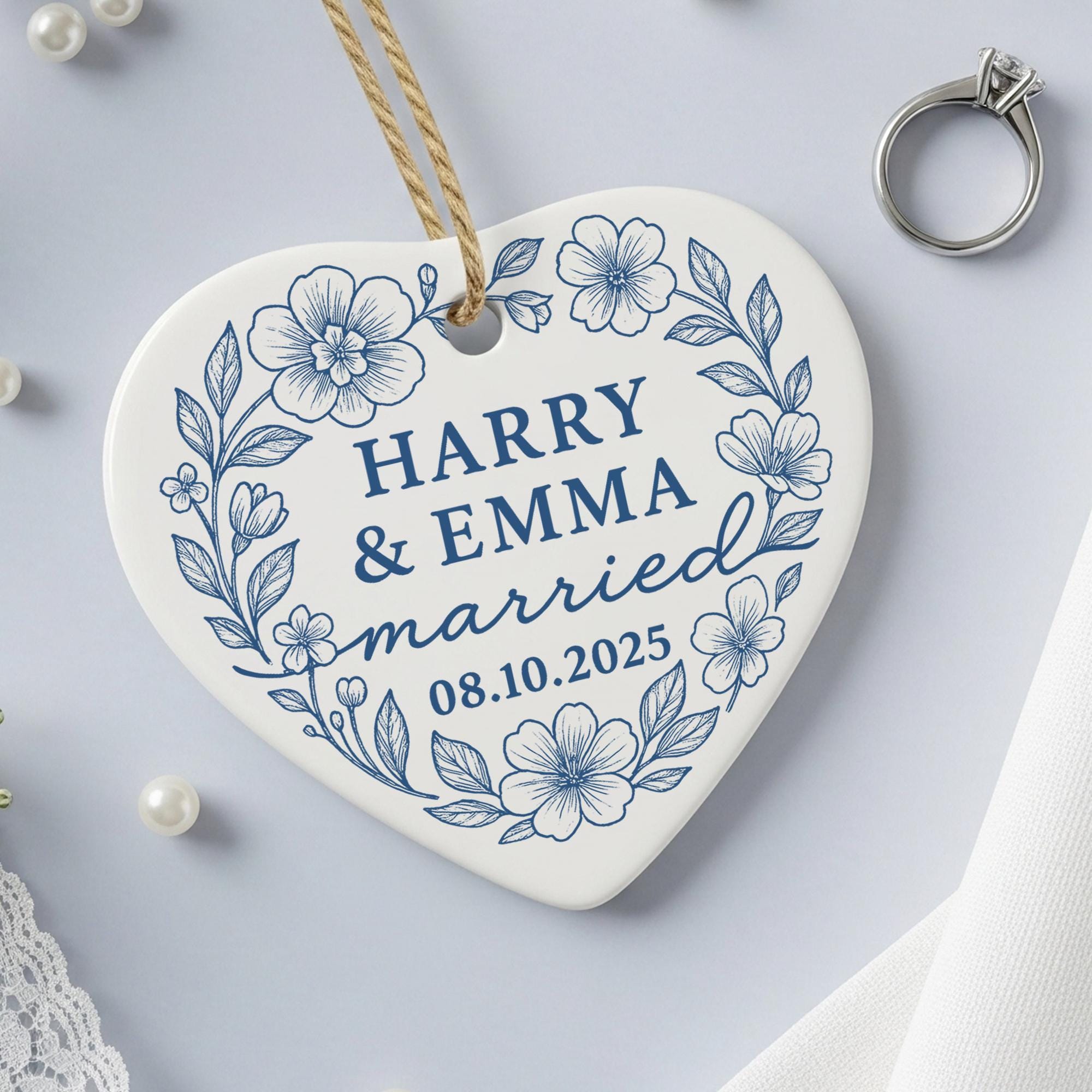 Wedding Ornament – Custom Toile de Jouy Ceramic Married Couple Keepsake