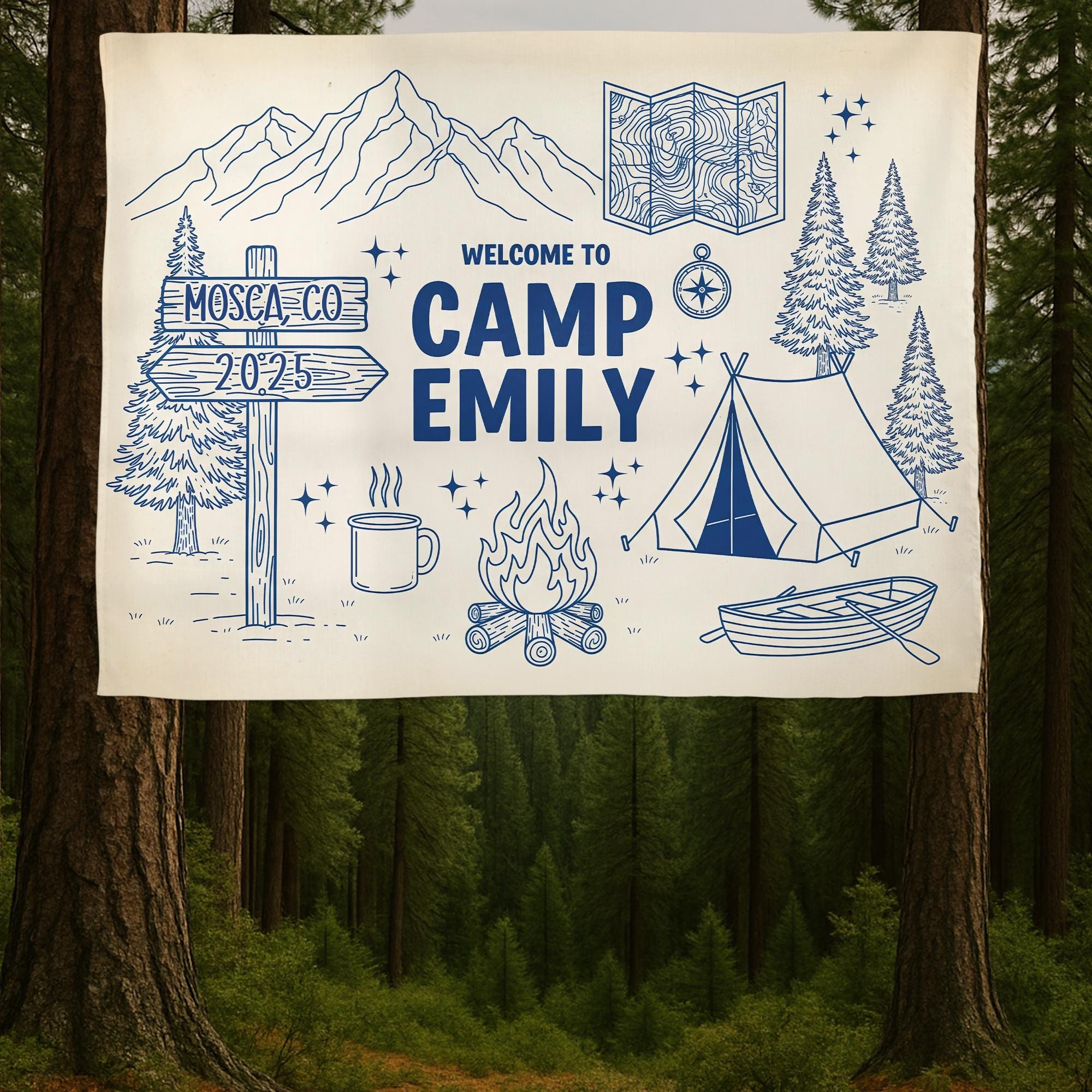 Personalized Camp Tapestry: Boho Mountain Decor, Custom Welcome Sign