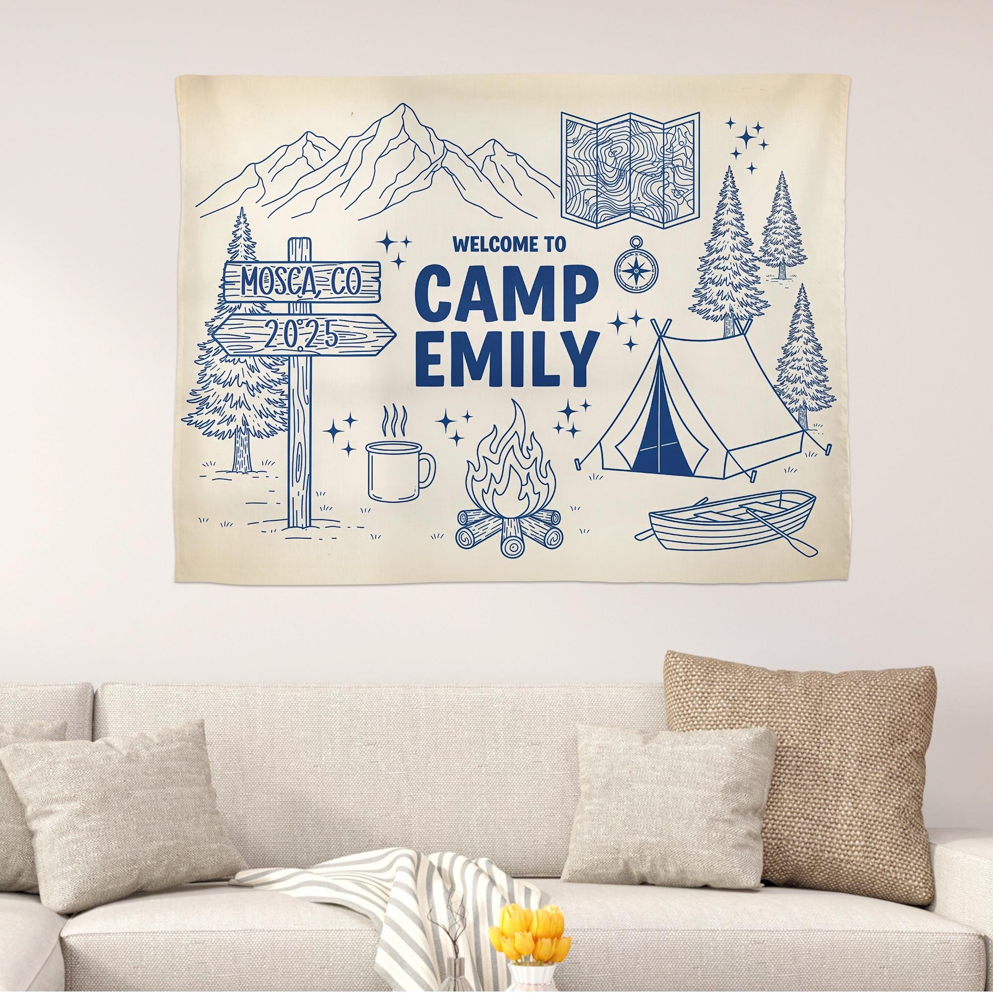 Personalized Camp Tapestry: Boho Mountain Decor, Custom Welcome Sign