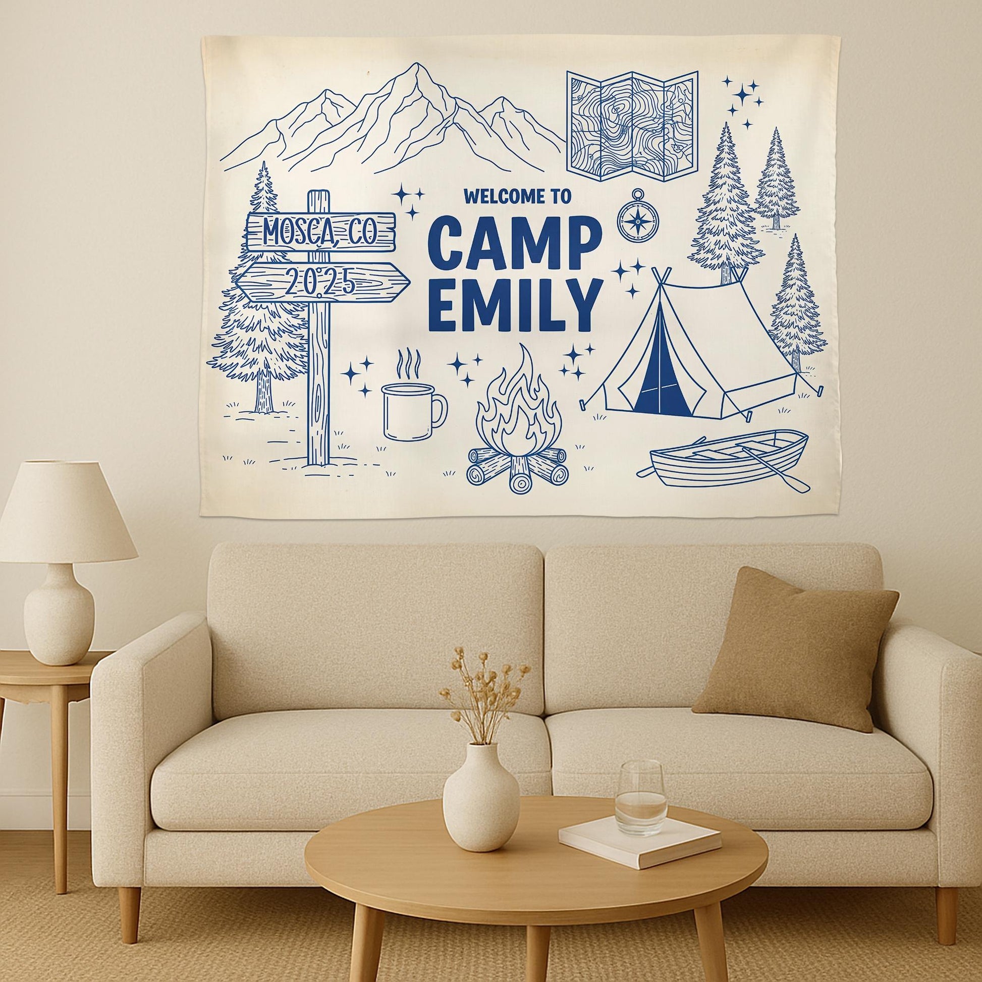 Personalized Camp Tapestry: Boho Mountain Decor, Custom Welcome Sign
