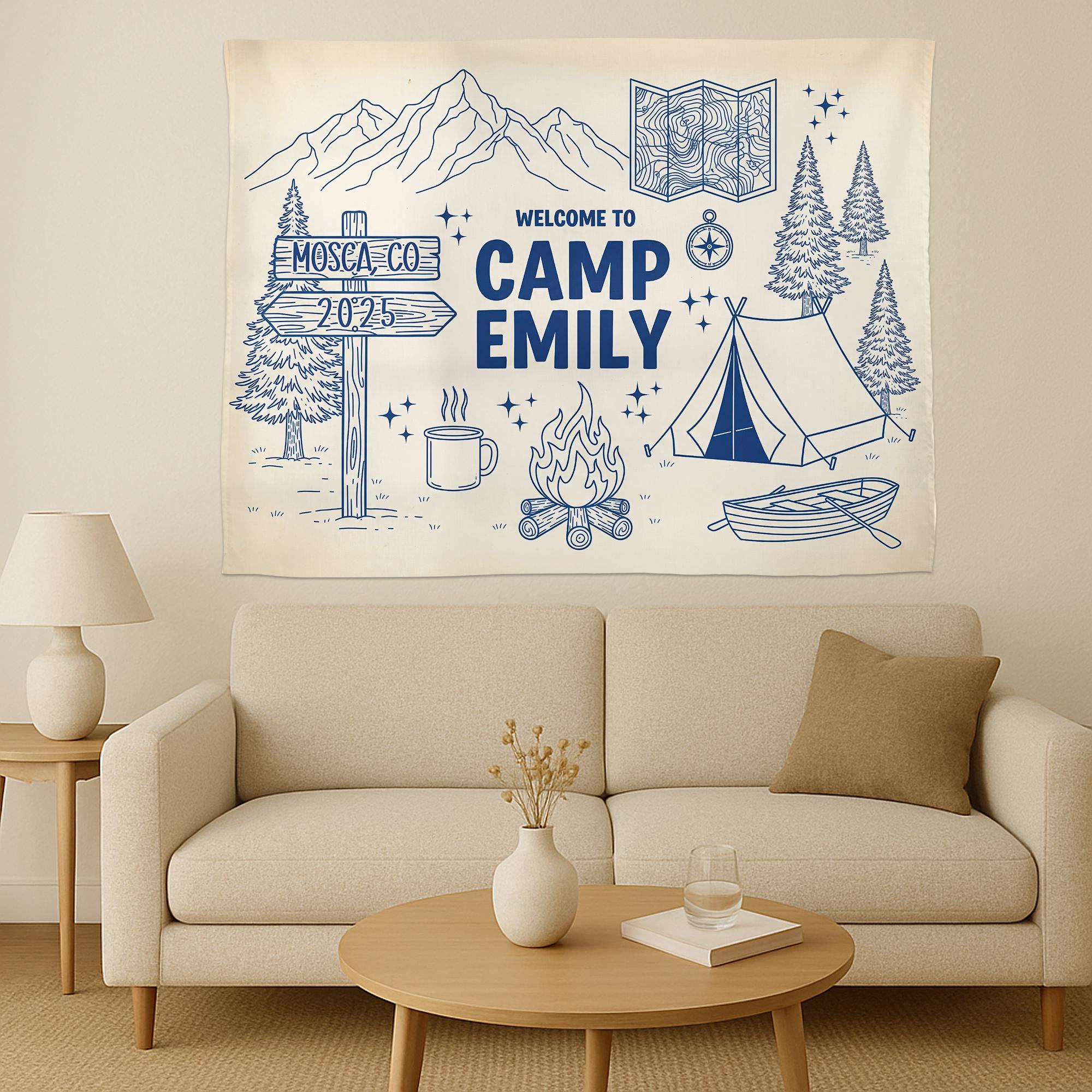 Personalized Camp Tapestry: Boho Mountain Decor, Custom Welcome Sign