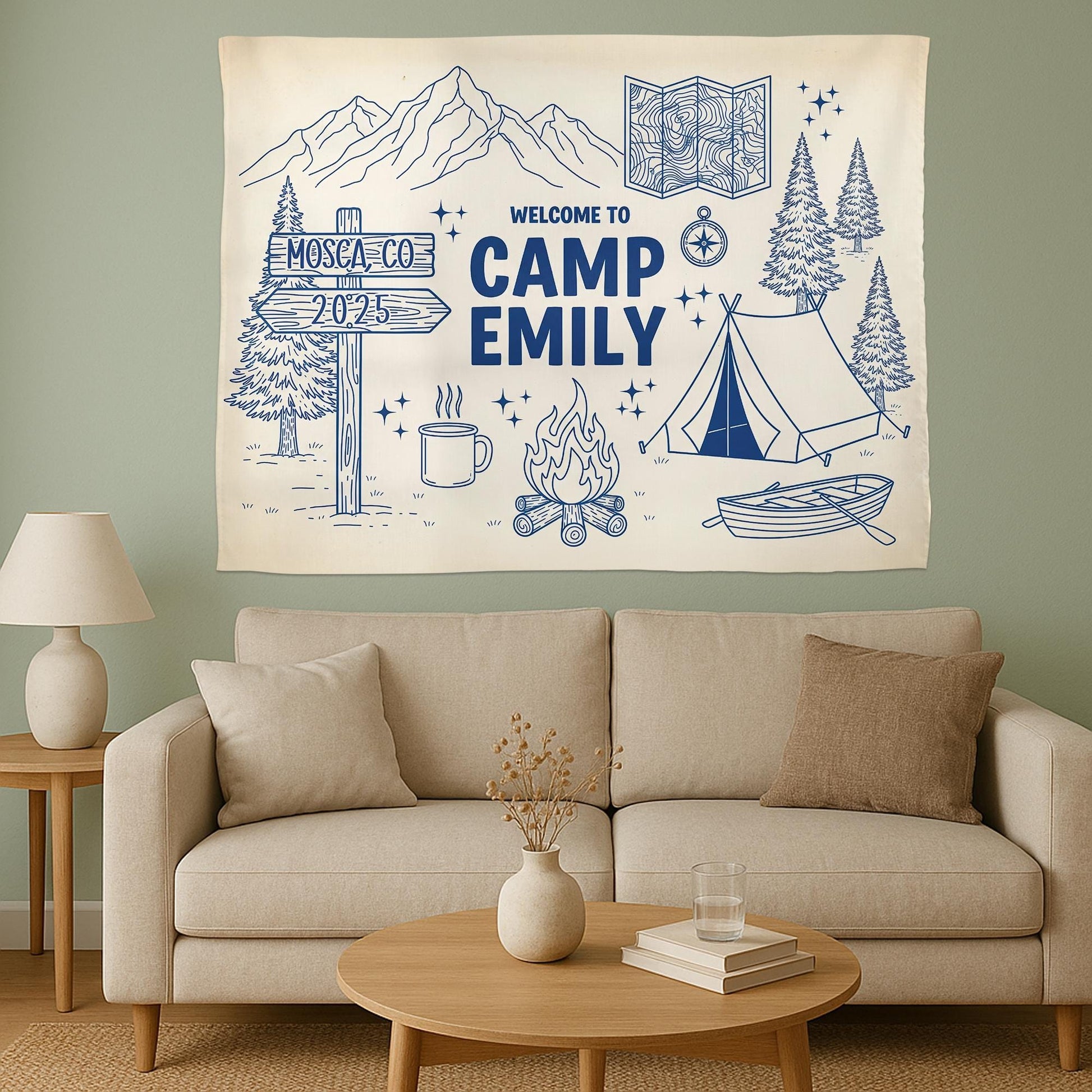Personalized Camp Tapestry: Boho Mountain Decor, Custom Welcome Sign