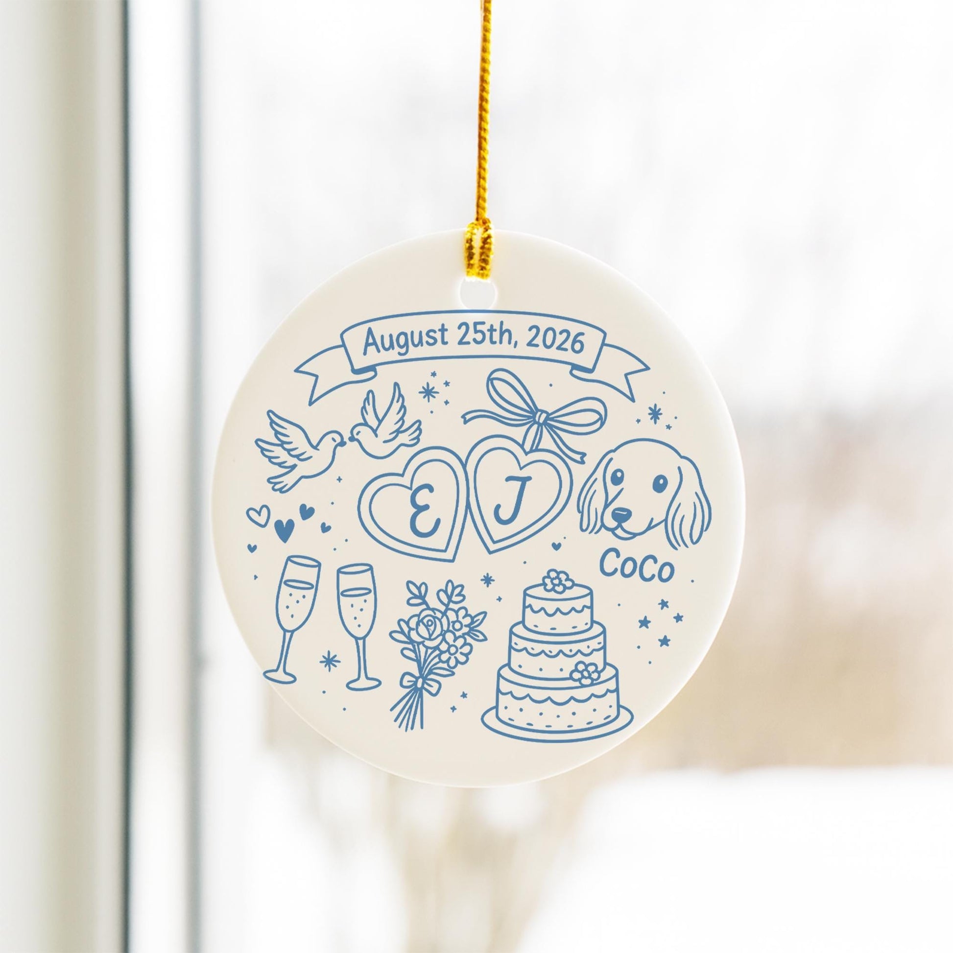 Wedding Ornament – Custom Ceramic Married Couple Keepsake with Date & Pet