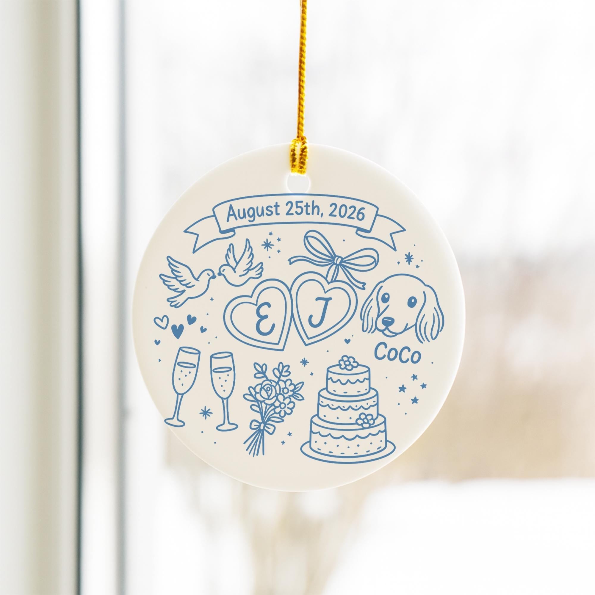 Wedding Ornament – Custom Ceramic Married Couple Keepsake with Date & Pet