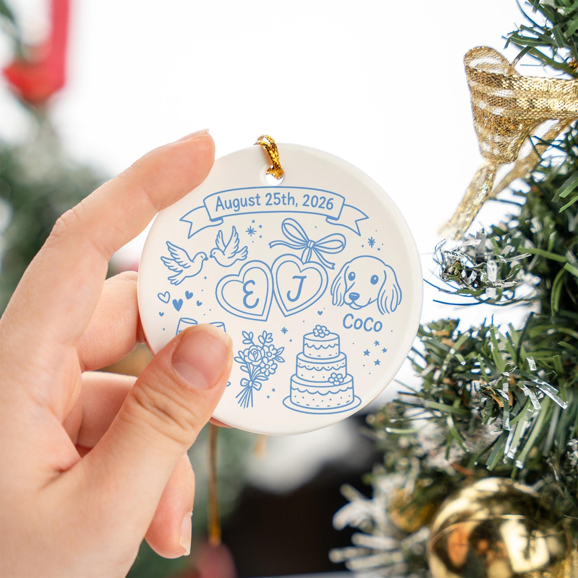 Wedding Ornament – Custom Ceramic Married Couple Keepsake with Date & Pet
