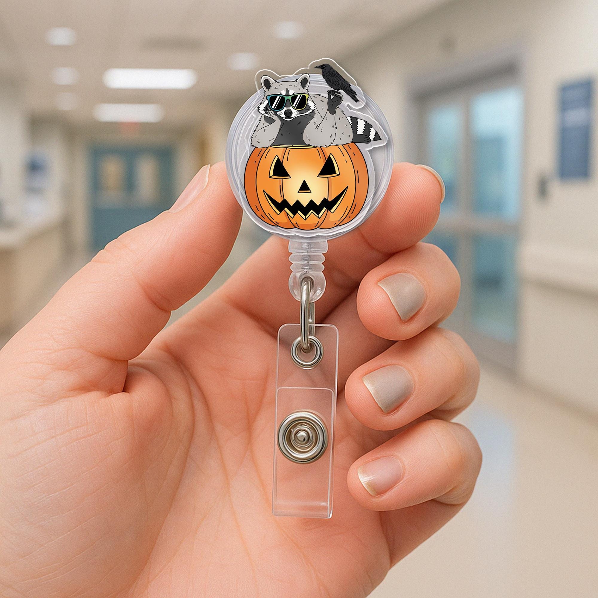 Raccoon Pumpkin Badge Reel – Cute Halloween ID Holder, Retractable Name Tag Clip, Nurse Badge Reel, Fall Work Accessory Gift