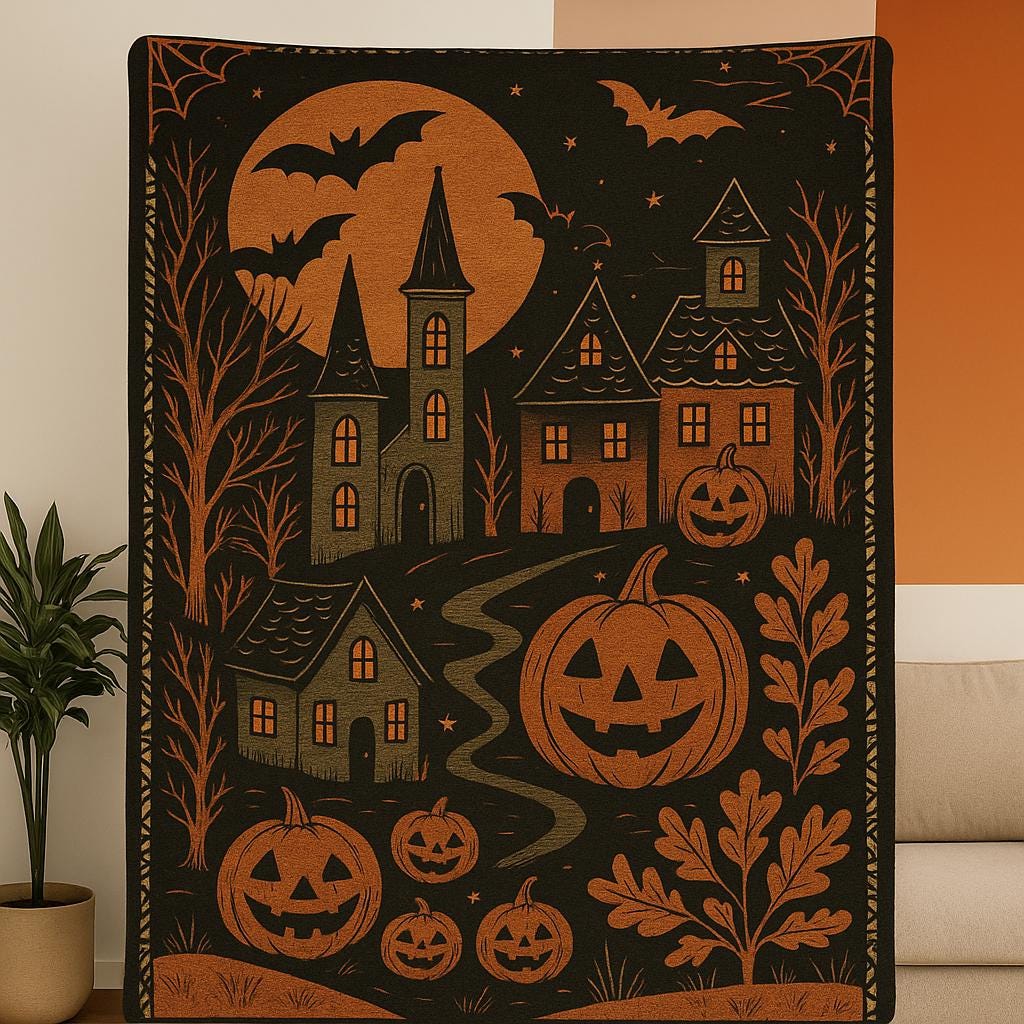 Halloween Throw Blanket – Vintage Haunted Castle & Jack-O’-Lanterns – Spooky Gothic Fall Home Decor – Pumpkin Bats Autumn Fleece blanket