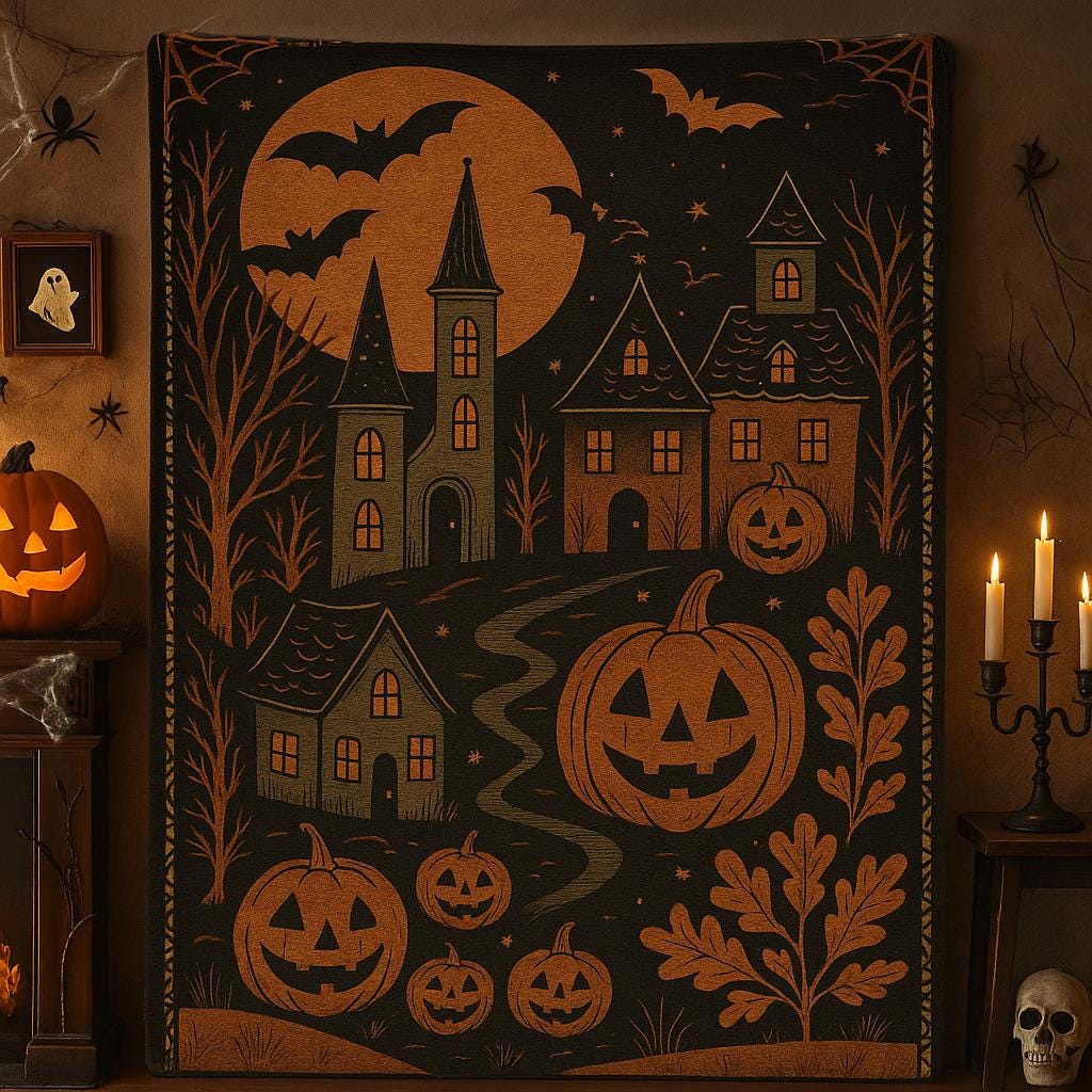 Halloween Throw Blanket – Vintage Haunted Castle & Jack-O’-Lanterns – Spooky Gothic Fall Home Decor – Pumpkin Bats Autumn Fleece blanket