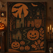Halloween Throw Blanket – Vintage Haunted Castle & Jack-O’-Lanterns – Spooky Gothic Fall Home Decor – Pumpkin Bats Autumn Fleece blanket