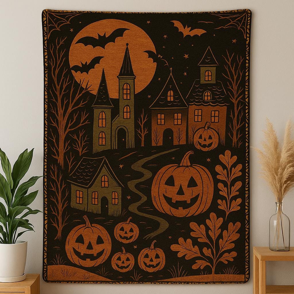 Halloween Throw Blanket – Vintage Haunted Castle & Jack-O’-Lanterns – Spooky Gothic Fall Home Decor – Pumpkin Bats Autumn Fleece blanket