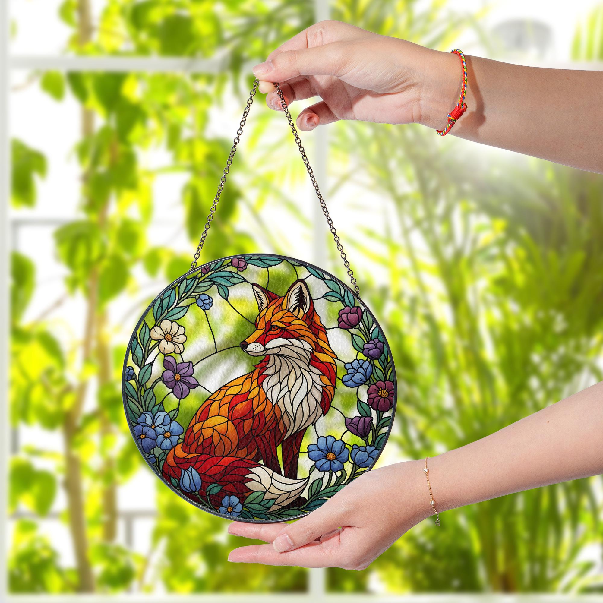 Glass Fox Suncatcher Round Panel – Colorful Animal Window Hanging Art with Flowers for Nature Home Decor