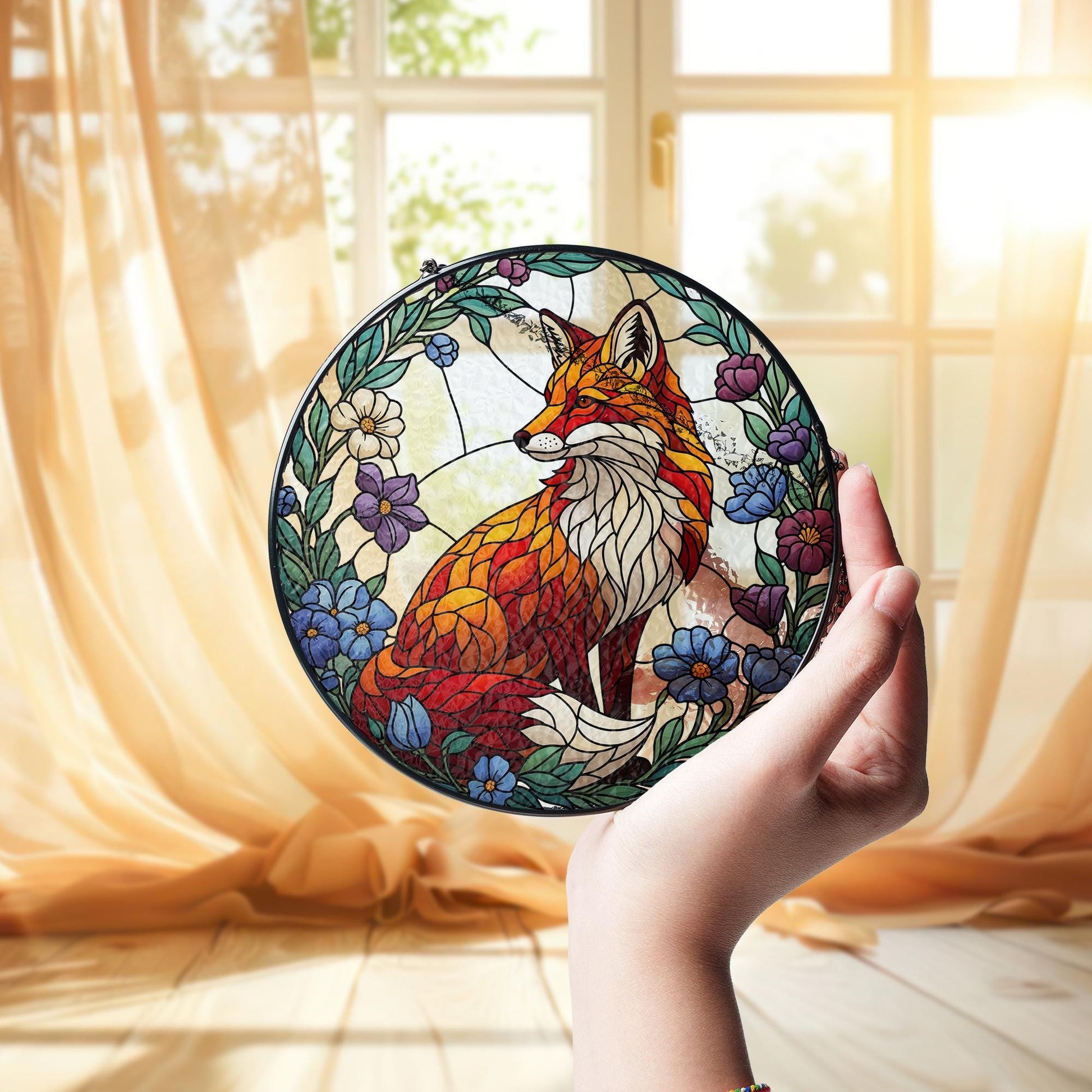 Glass Fox Suncatcher Round Panel – Colorful Animal Window Hanging Art with Flowers for Nature Home Decor