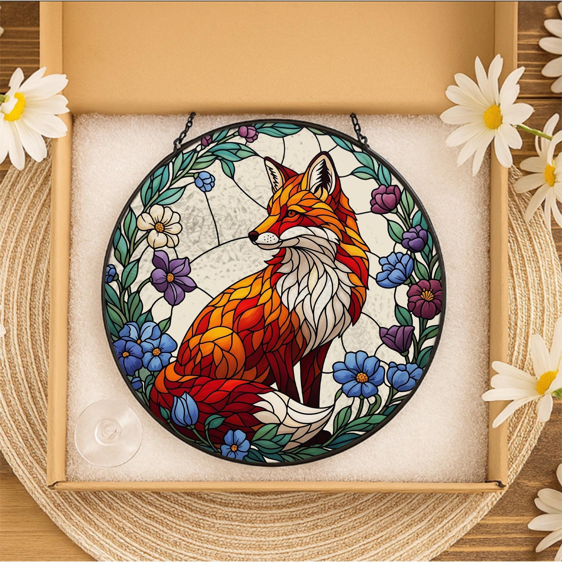 Glass Fox Suncatcher Round Panel – Colorful Animal Window Hanging Art with Flowers for Nature Home Decor