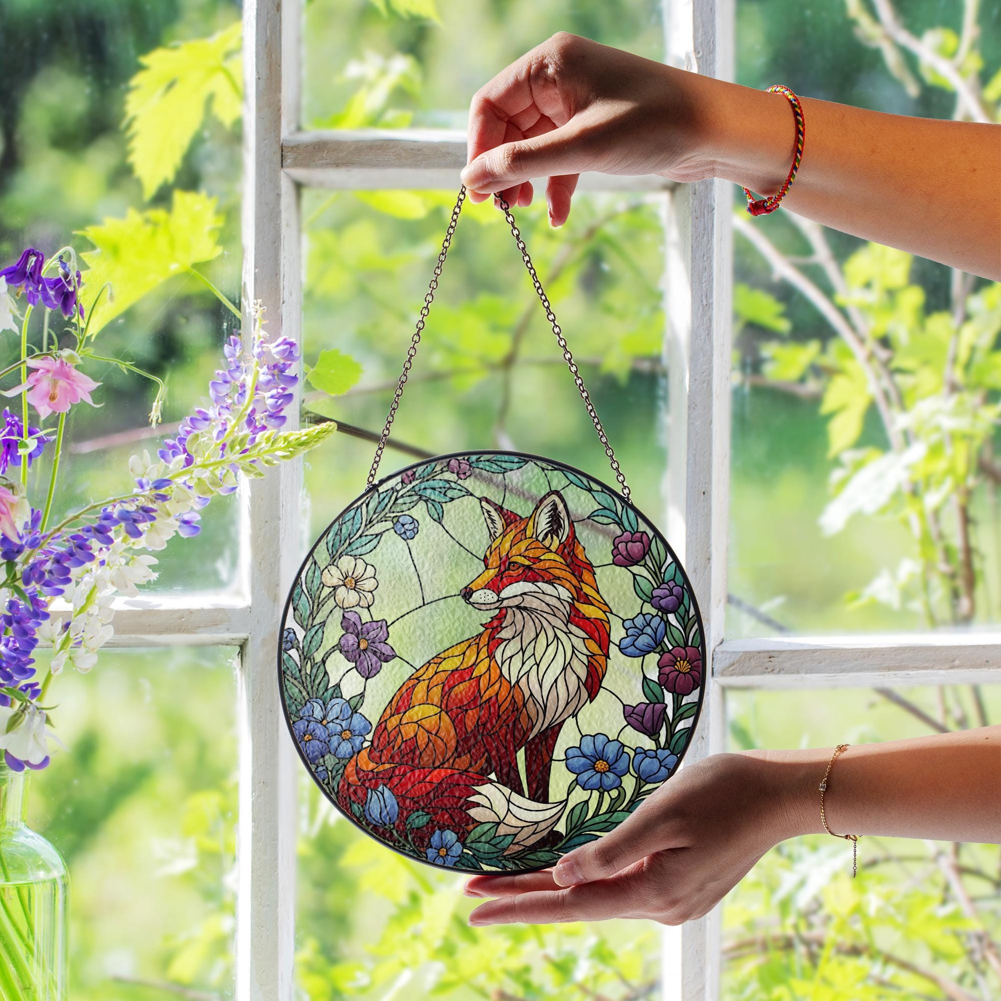 Glass Fox Suncatcher Round Panel – Colorful Animal Window Hanging Art with Flowers for Nature Home Decor