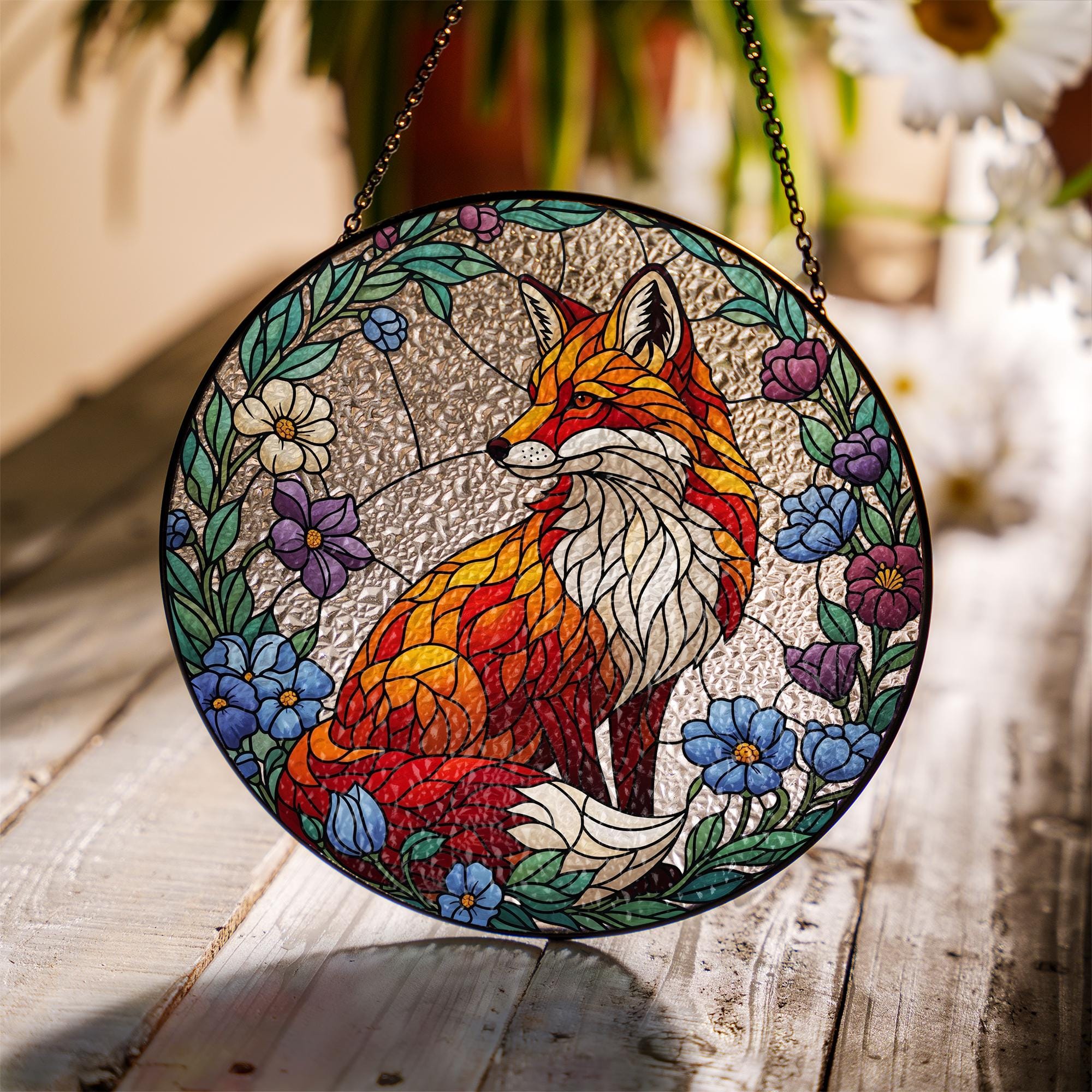 Glass Fox Suncatcher Round Panel – Colorful Animal Window Hanging Art with Flowers for Nature Home Decor
