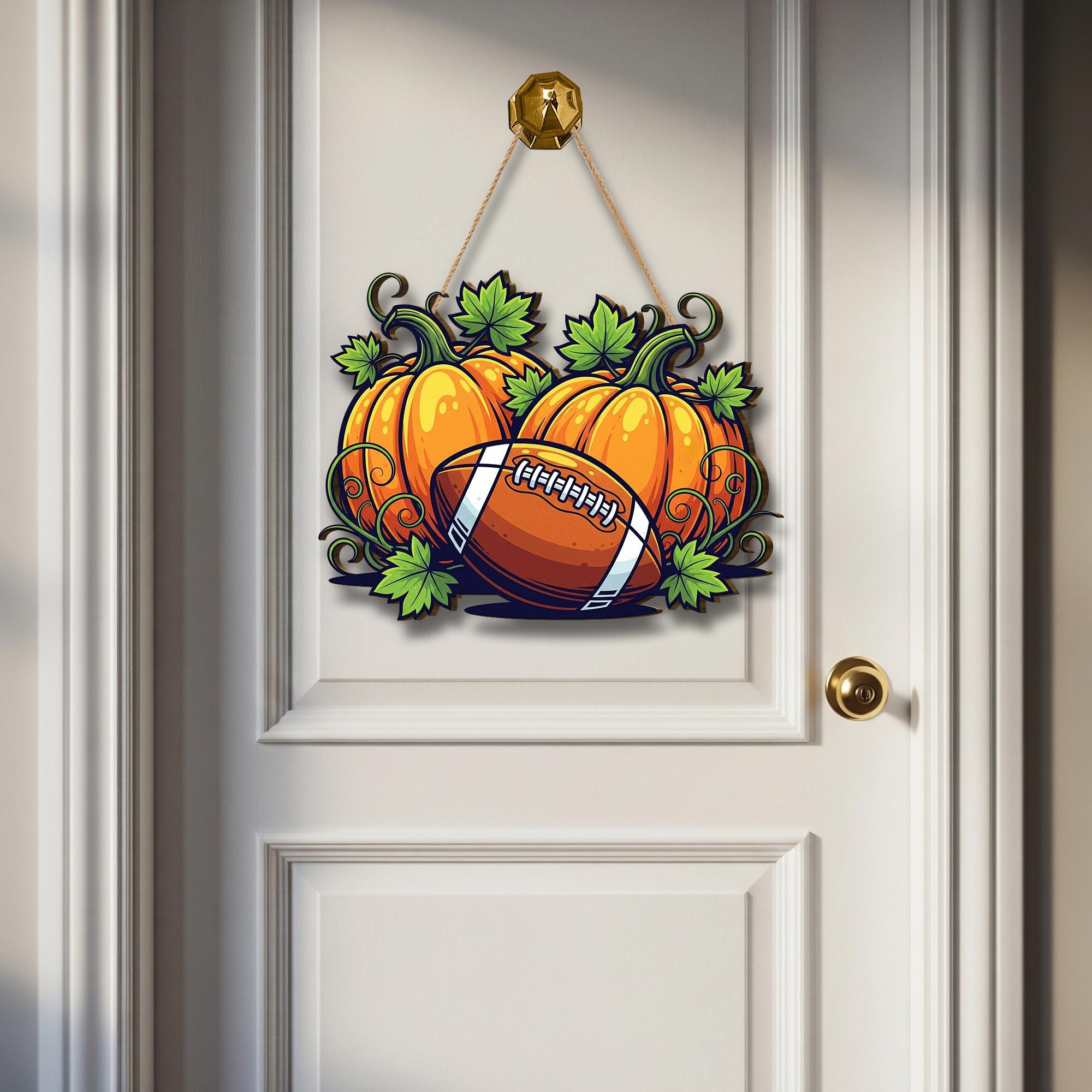 Pumpkin Football Door Sign – Rustic Autumn Hanging Decor for Fall, Halloween, and Thanksgiving Front Porch or Entryway