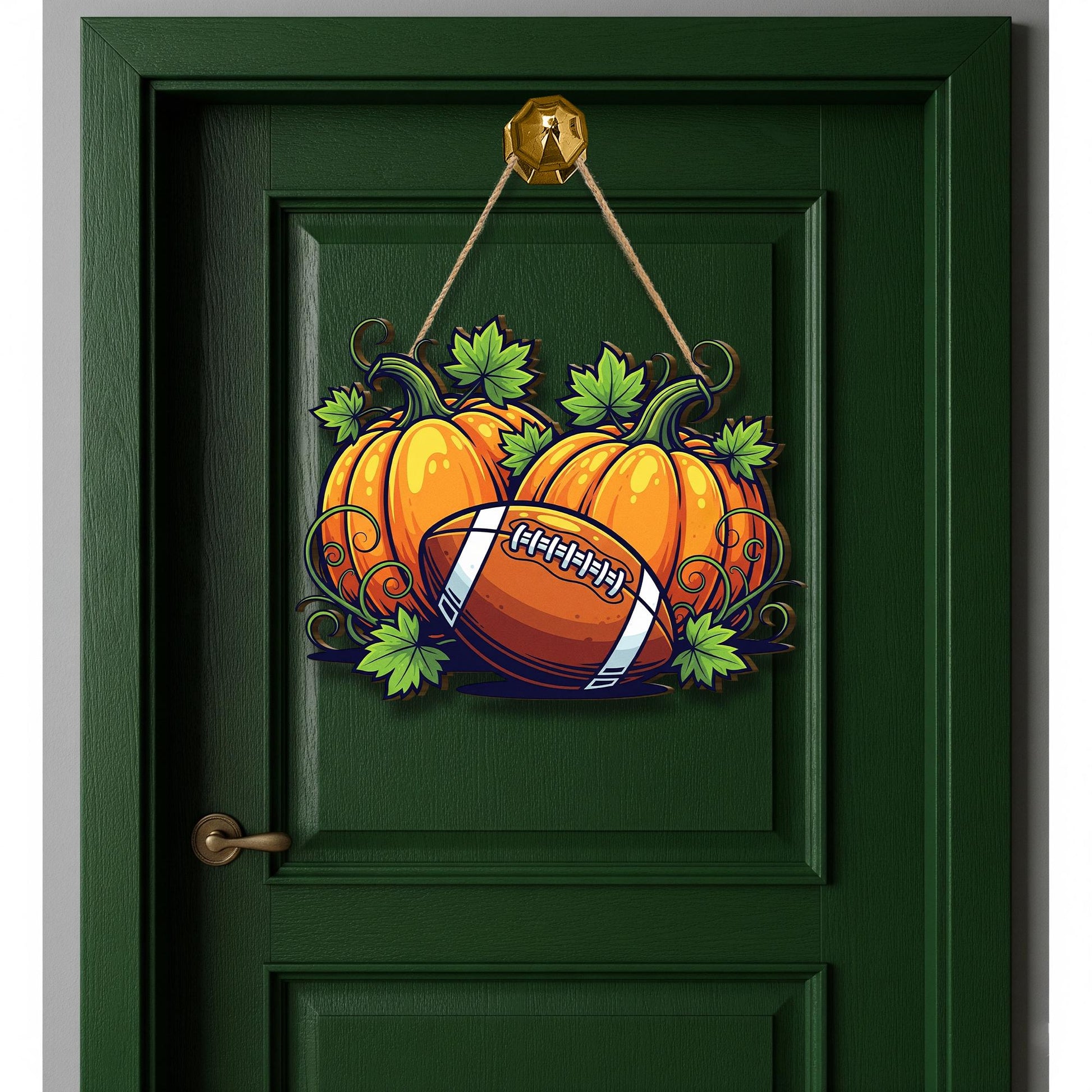 Pumpkin Football Door Sign – Rustic Autumn Hanging Decor for Fall, Halloween, and Thanksgiving Front Porch or Entryway