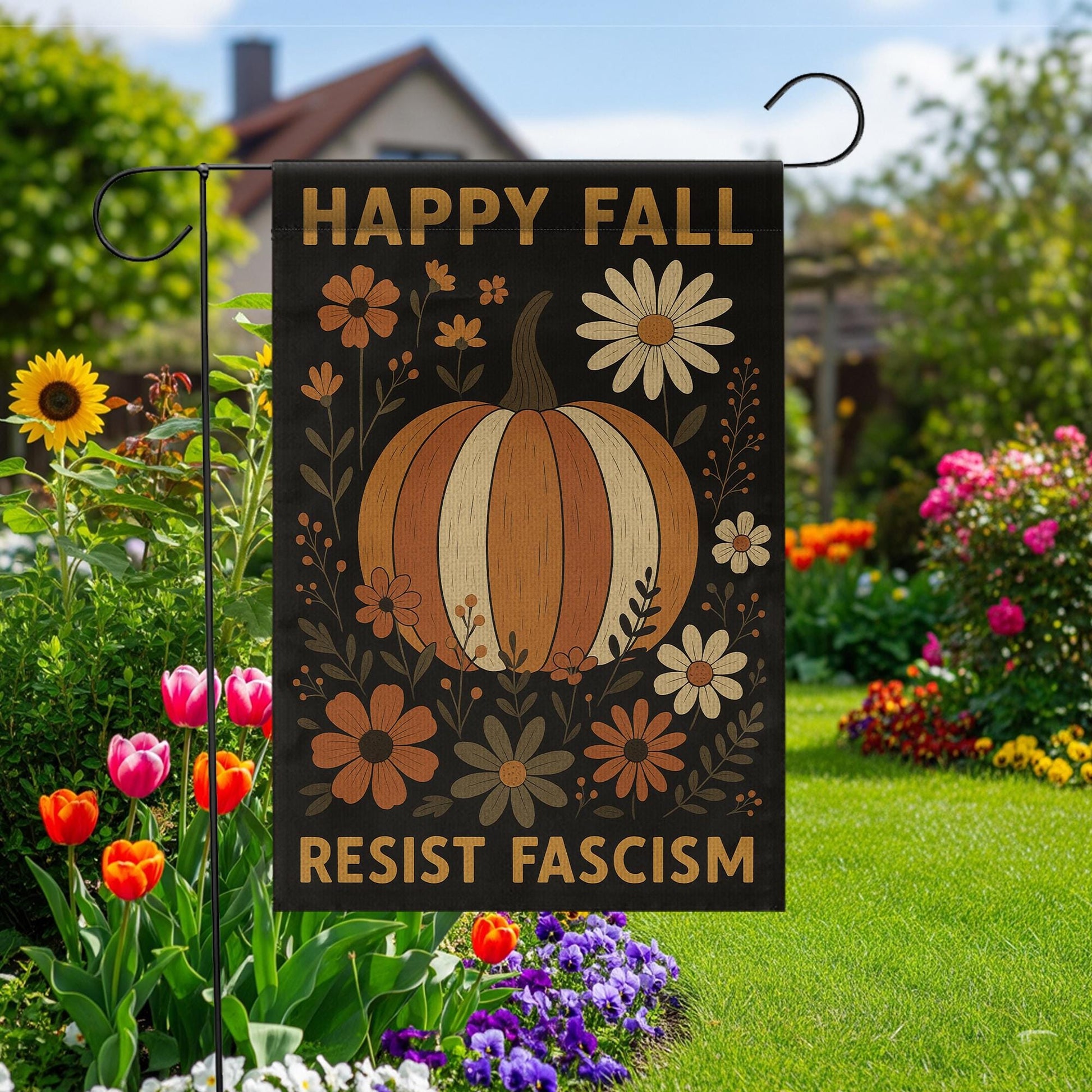 Fall Garden Flag – Pumpkin Autumn Yard Decor with Resist Fascism Message - O92790DAN7
