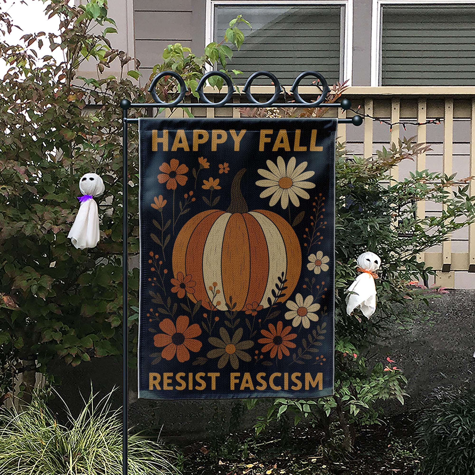 Fall Garden Flag – Pumpkin Autumn Yard Decor with Resist Fascism Message - O92790DAN7