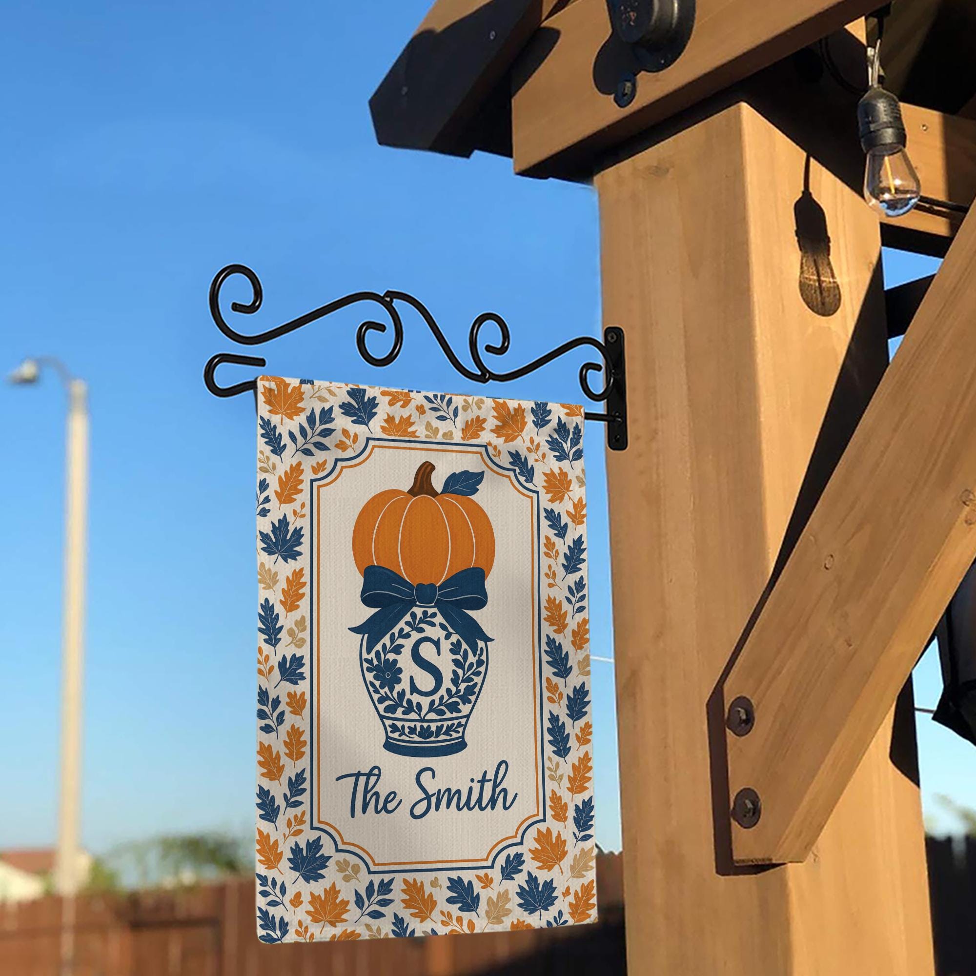 Custom Fall Flag – Chinoiserie Pumpkin Garden Flag with Family Name Decor