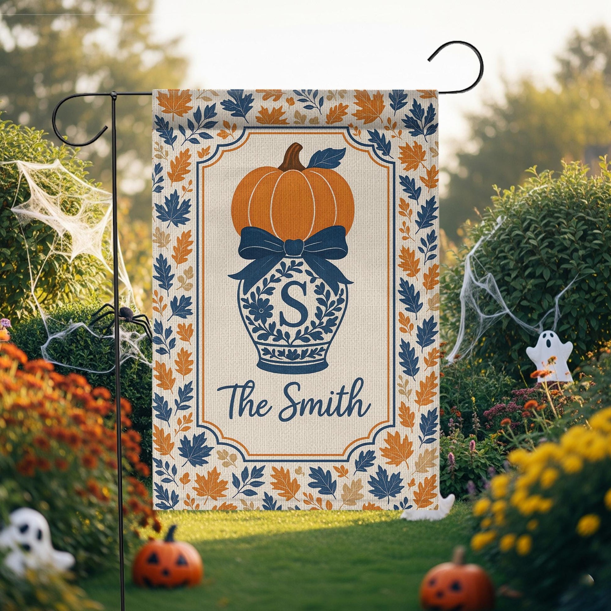Custom Fall Flag – Chinoiserie Pumpkin Garden Flag with Family Name Decor