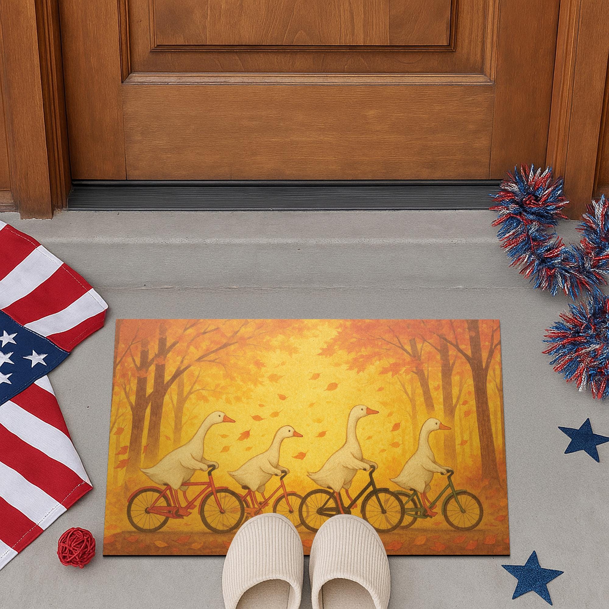 Autumn Goose Bike Doormat – Whimsical Geese Riding Bicycles, Fall Porch Mat, Cute Bird Door Mat, Seasonal Outdoor Welcome Rug