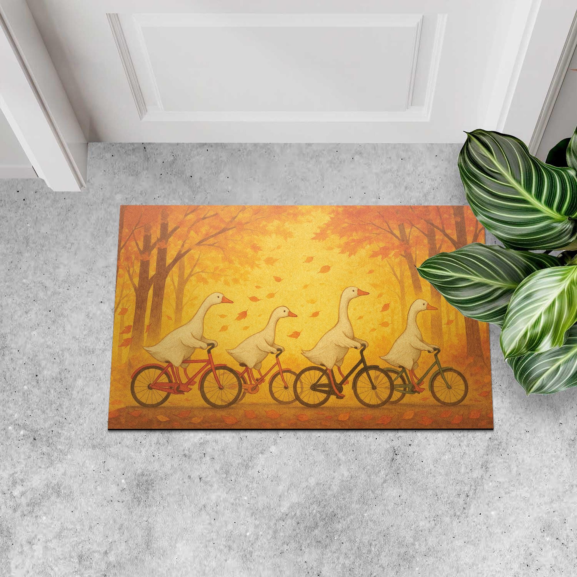 Autumn Goose Bike Doormat – Whimsical Geese Riding Bicycles, Fall Porch Mat, Cute Bird Door Mat, Seasonal Outdoor Welcome Rug