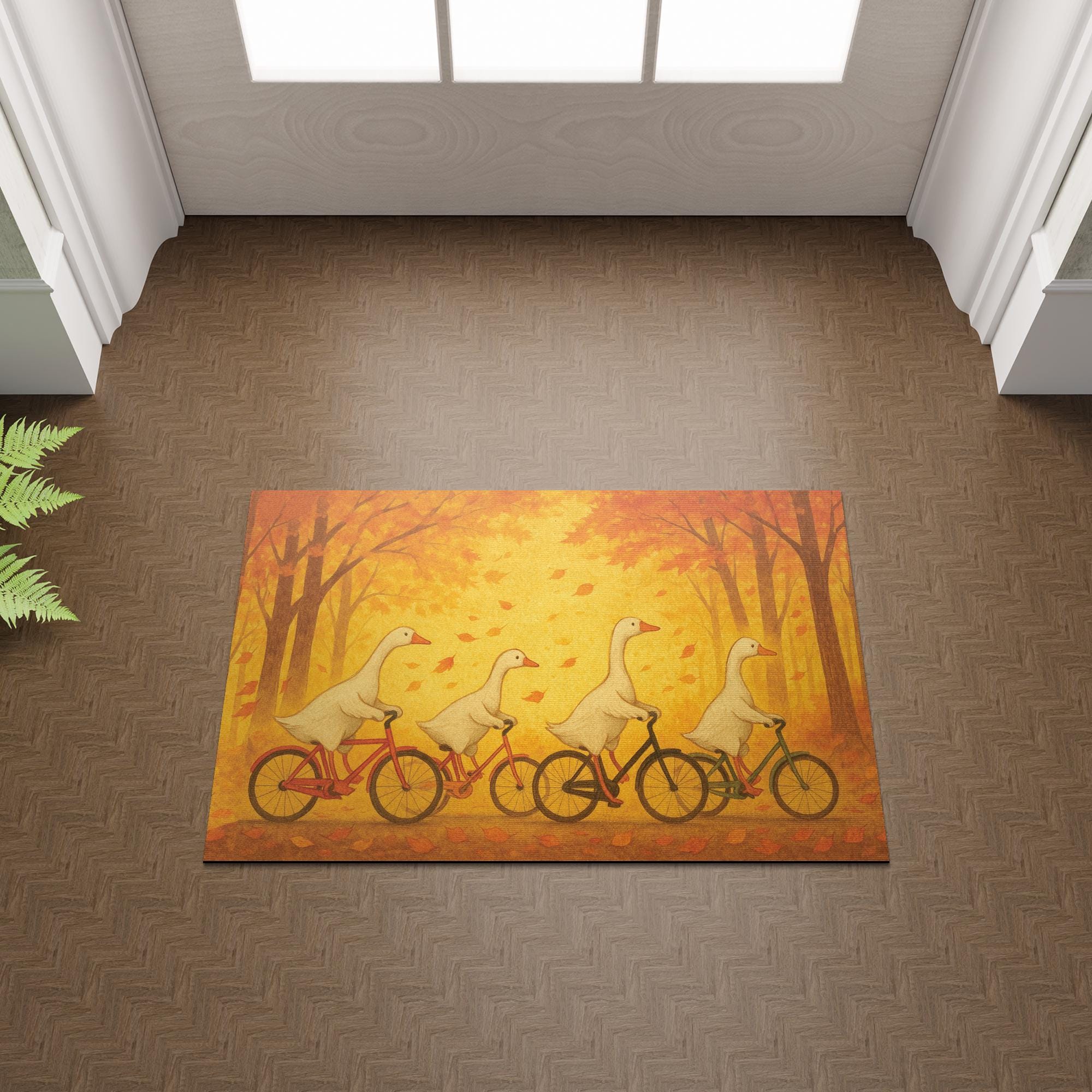 Autumn Goose Bike Doormat – Whimsical Geese Riding Bicycles, Fall Porch Mat, Cute Bird Door Mat, Seasonal Outdoor Welcome Rug