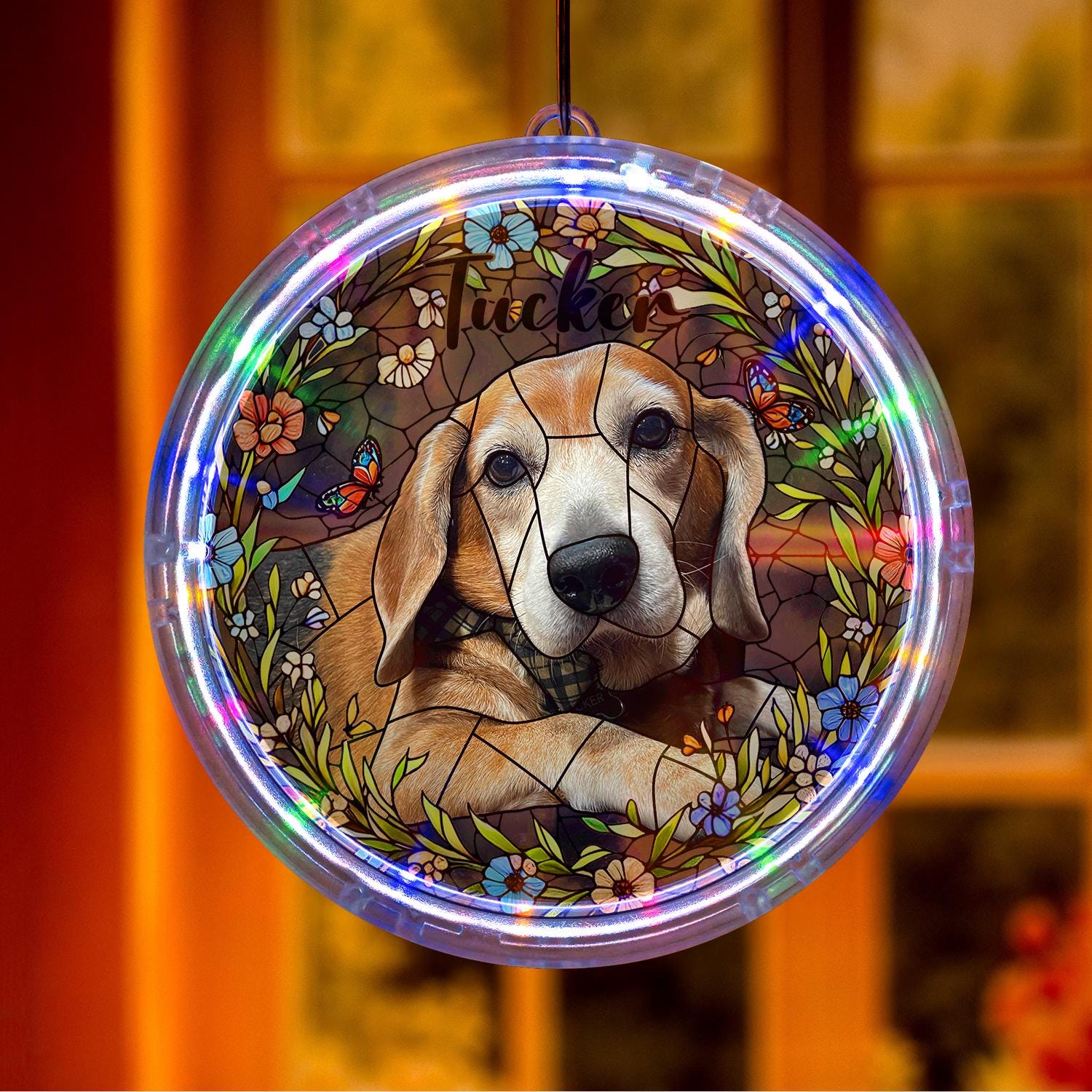 Personalized LED Hanging, Custom Pet Portrait with Name, Dog Memorial Light and Floral Design, Pet Loss Window Decor Gift, Pet Lover Gift